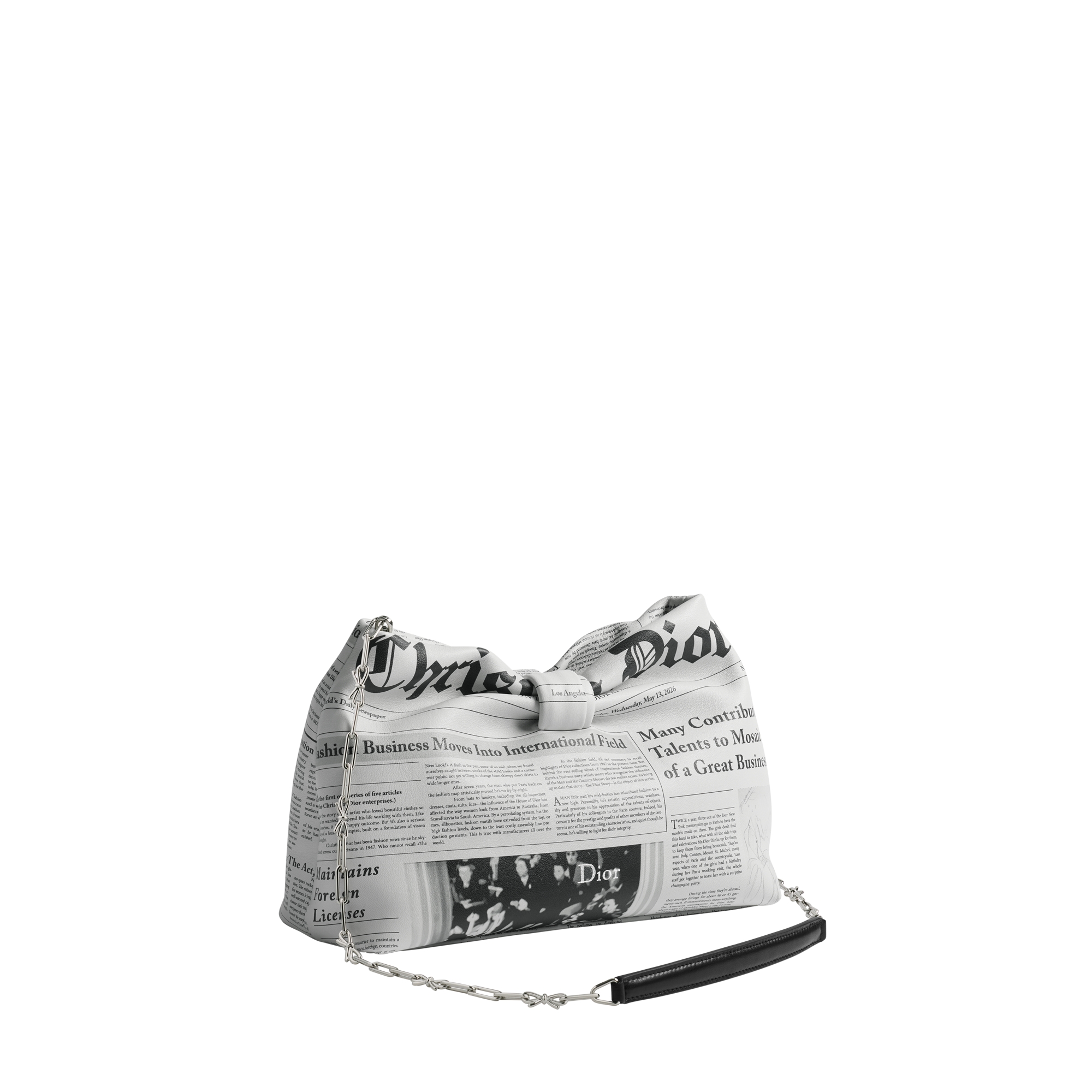 Small Dior Bow Bag White and Black Newspaper Printed Lambskin E03
