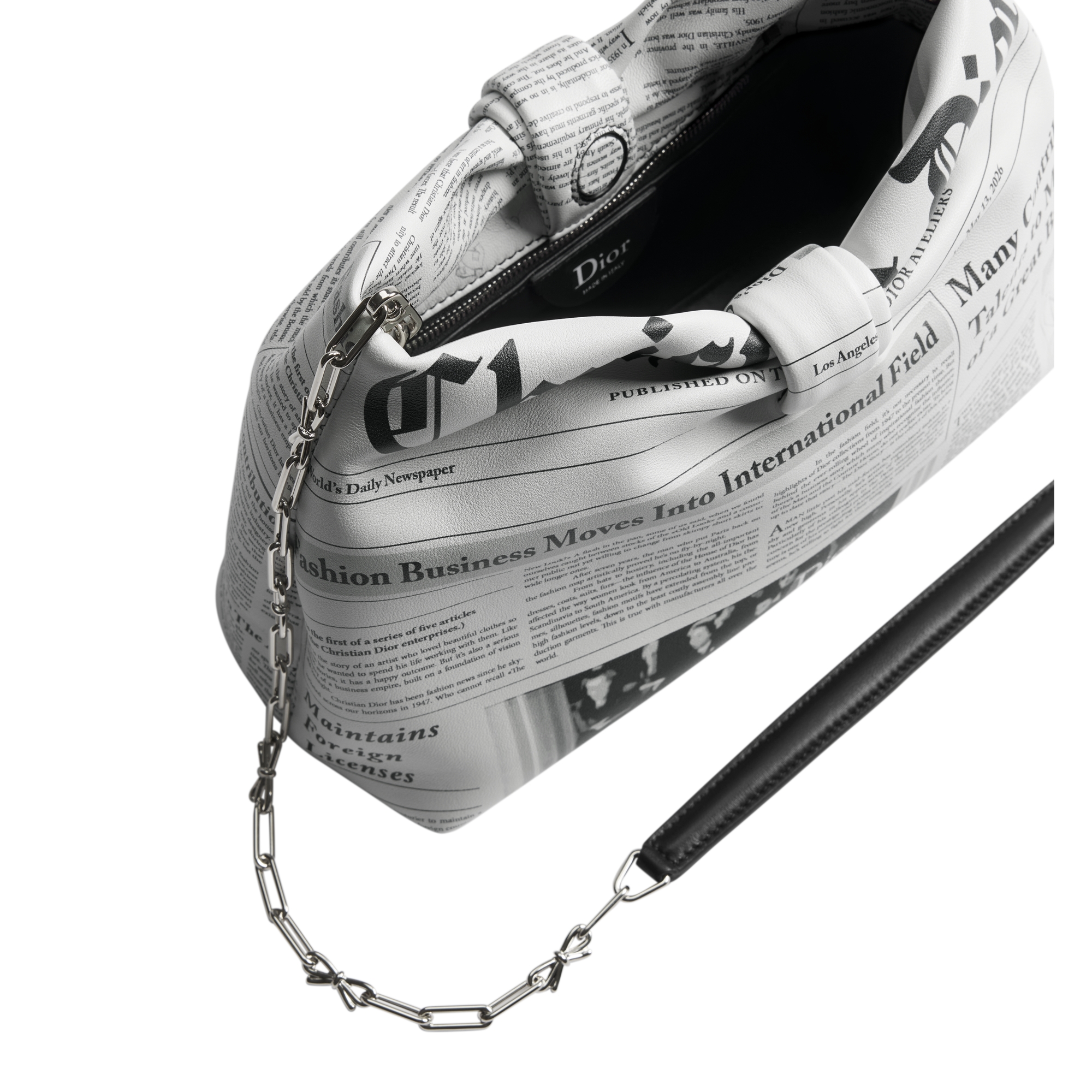 Small Dior Bow Bag White and Black Newspaper Printed Lambskin E06
