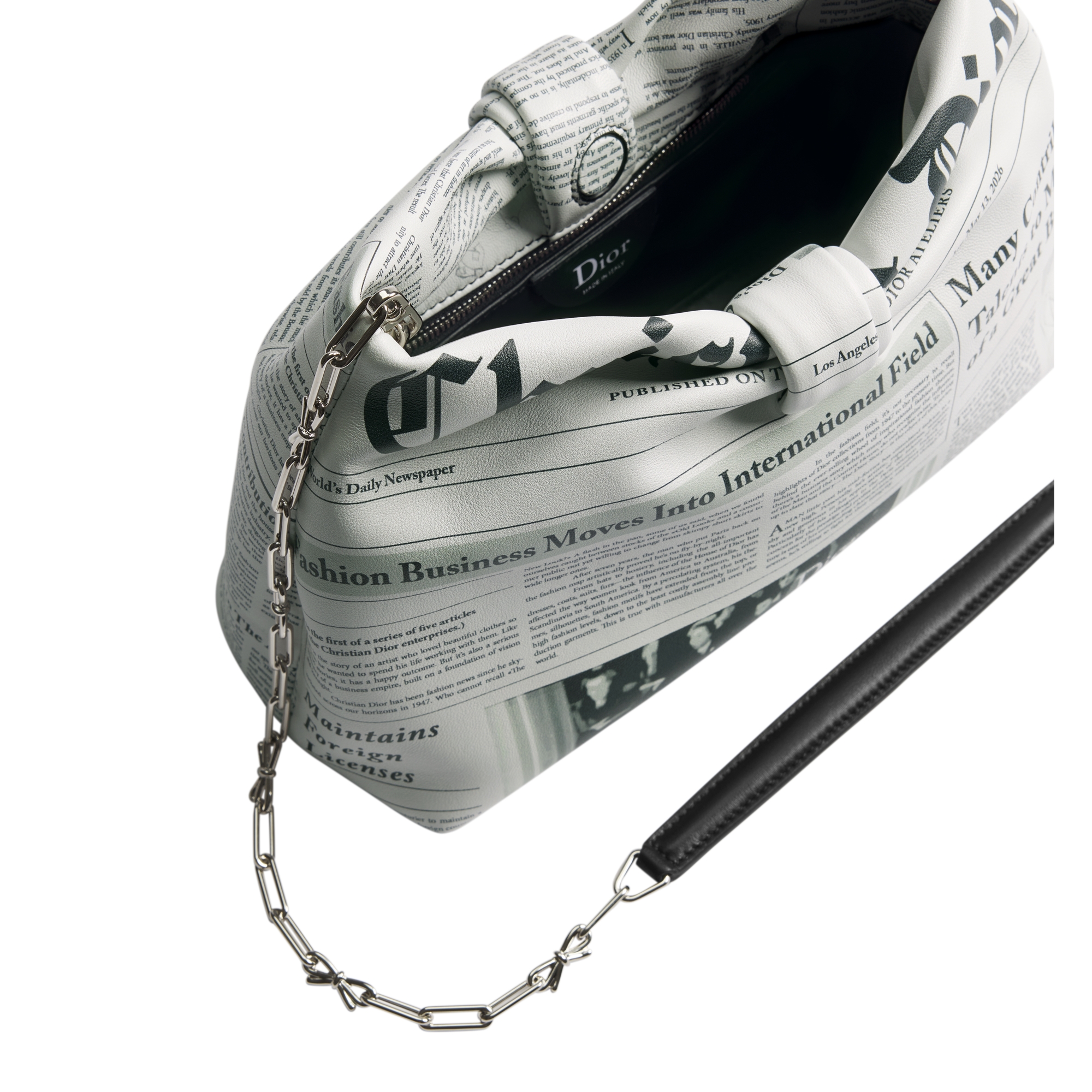 Small Dior Bow Bag White and Black Newspaper Printed Lambskin E06