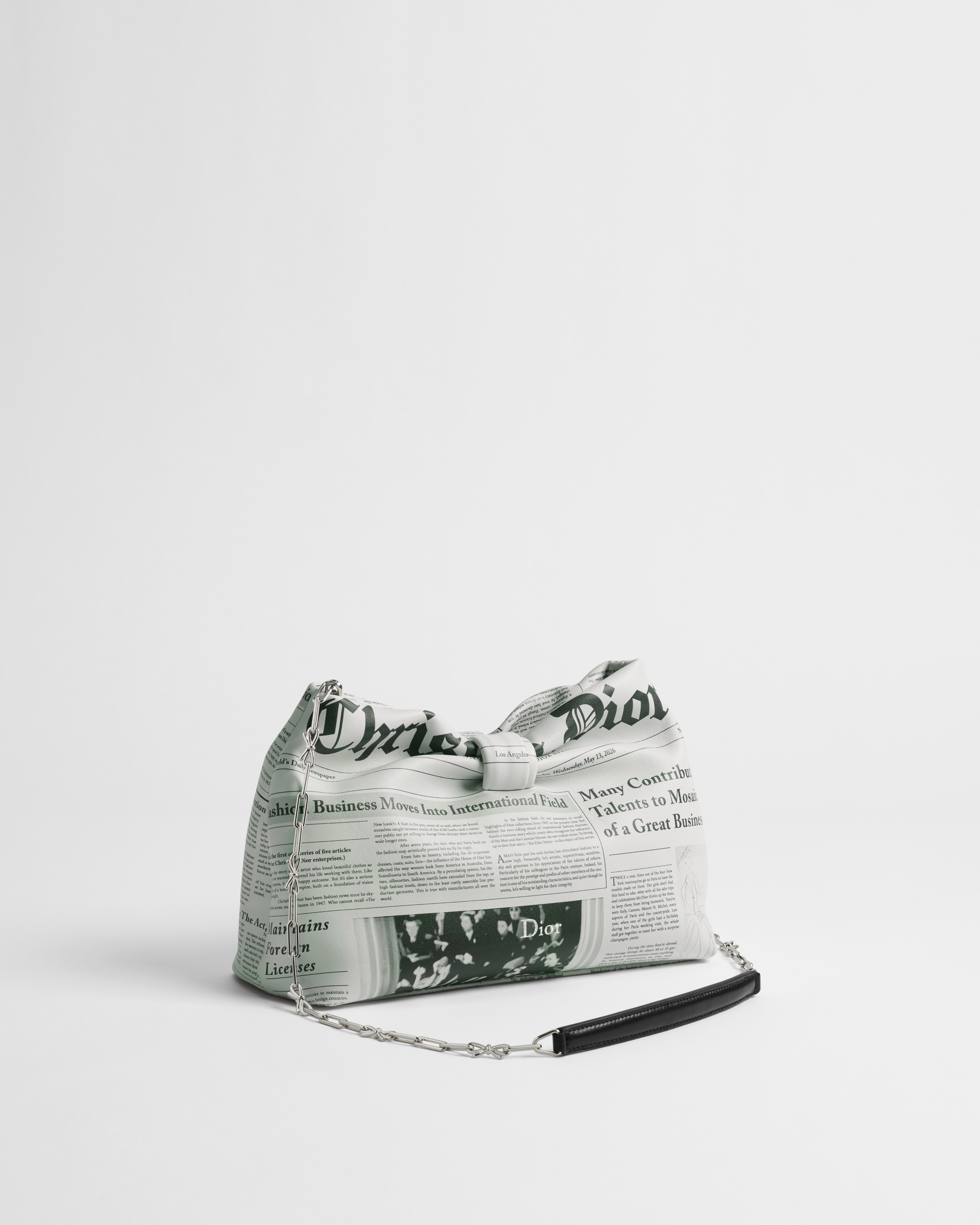 Small Dior Bow Bag White and Black Newspaper Printed Lambskin E03