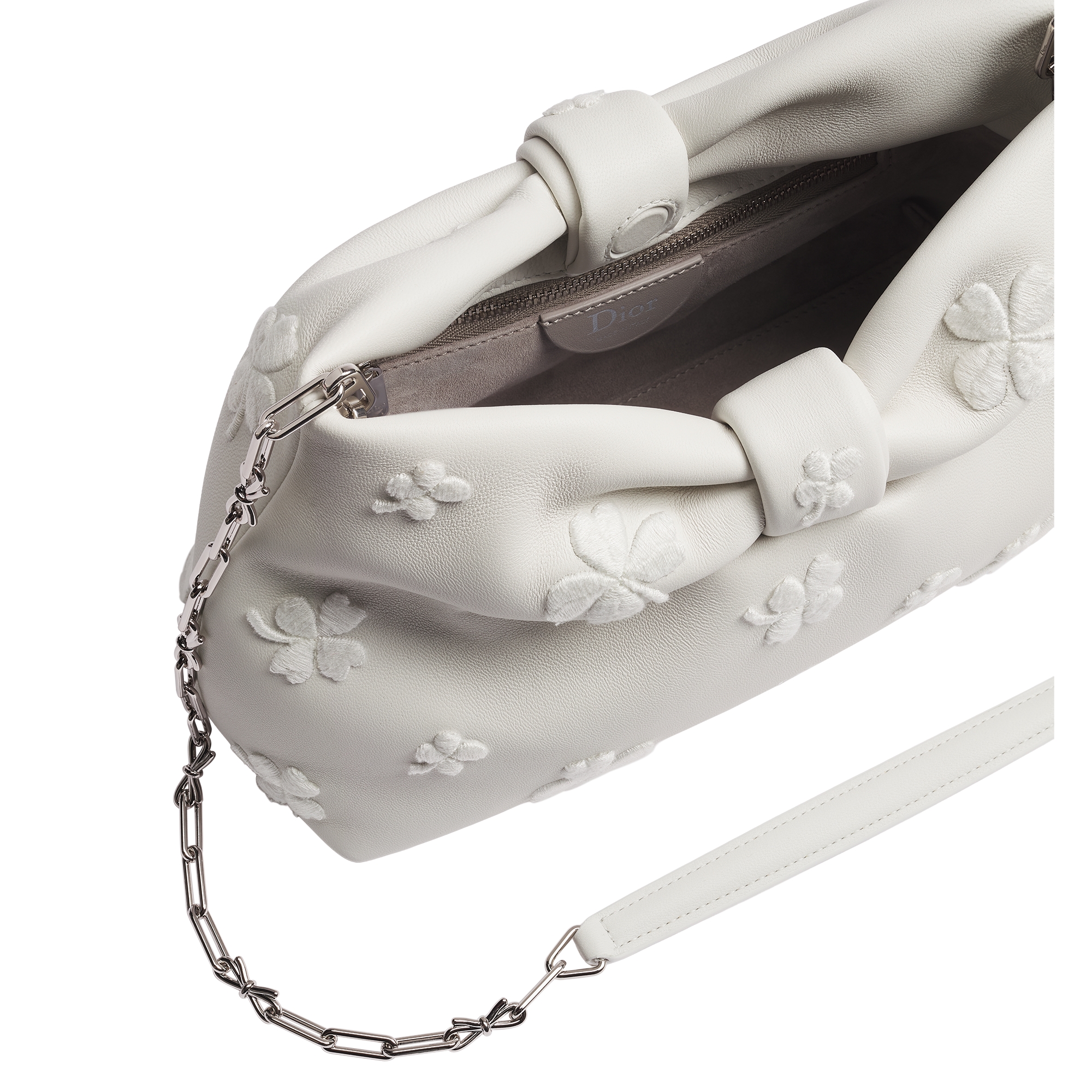 Small Dior Bow Bag White Dior Clover Embroidered Lambskin E06