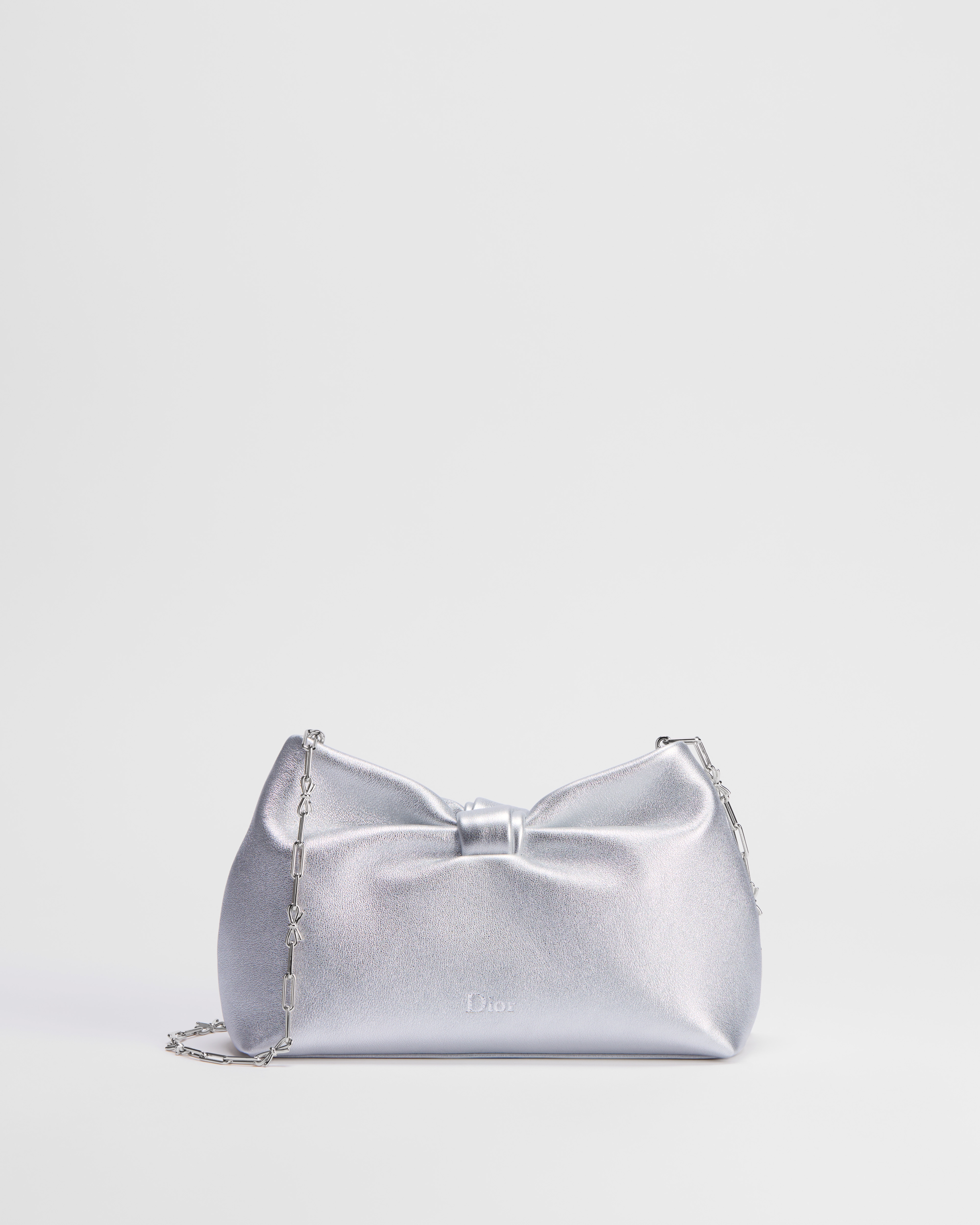 Dior Or Small Dior Bow Bag Silver-Tone Laminated Lambskin E01