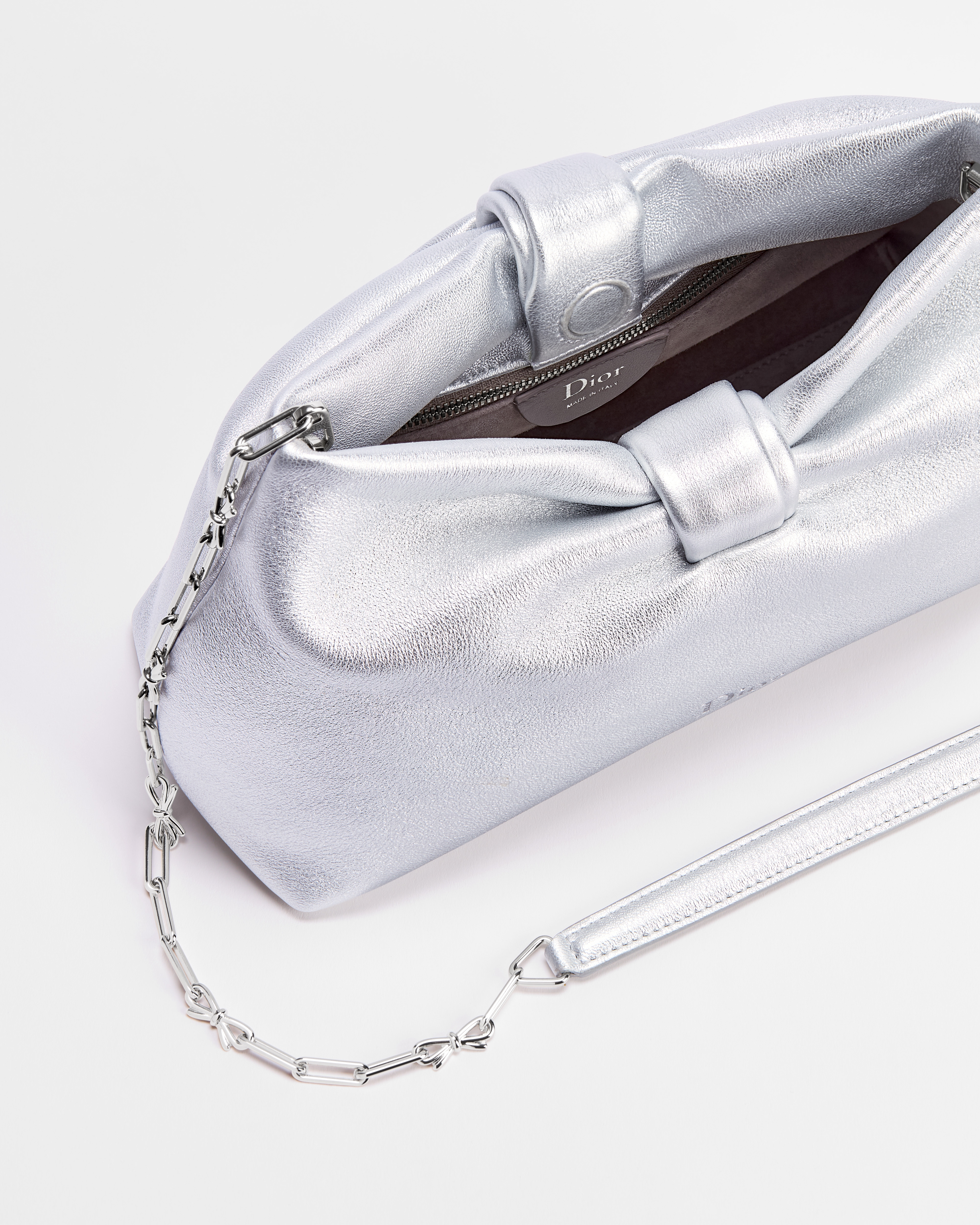 Dior Or Small Dior Bow Bag Silver-Tone Laminated Lambskin E06