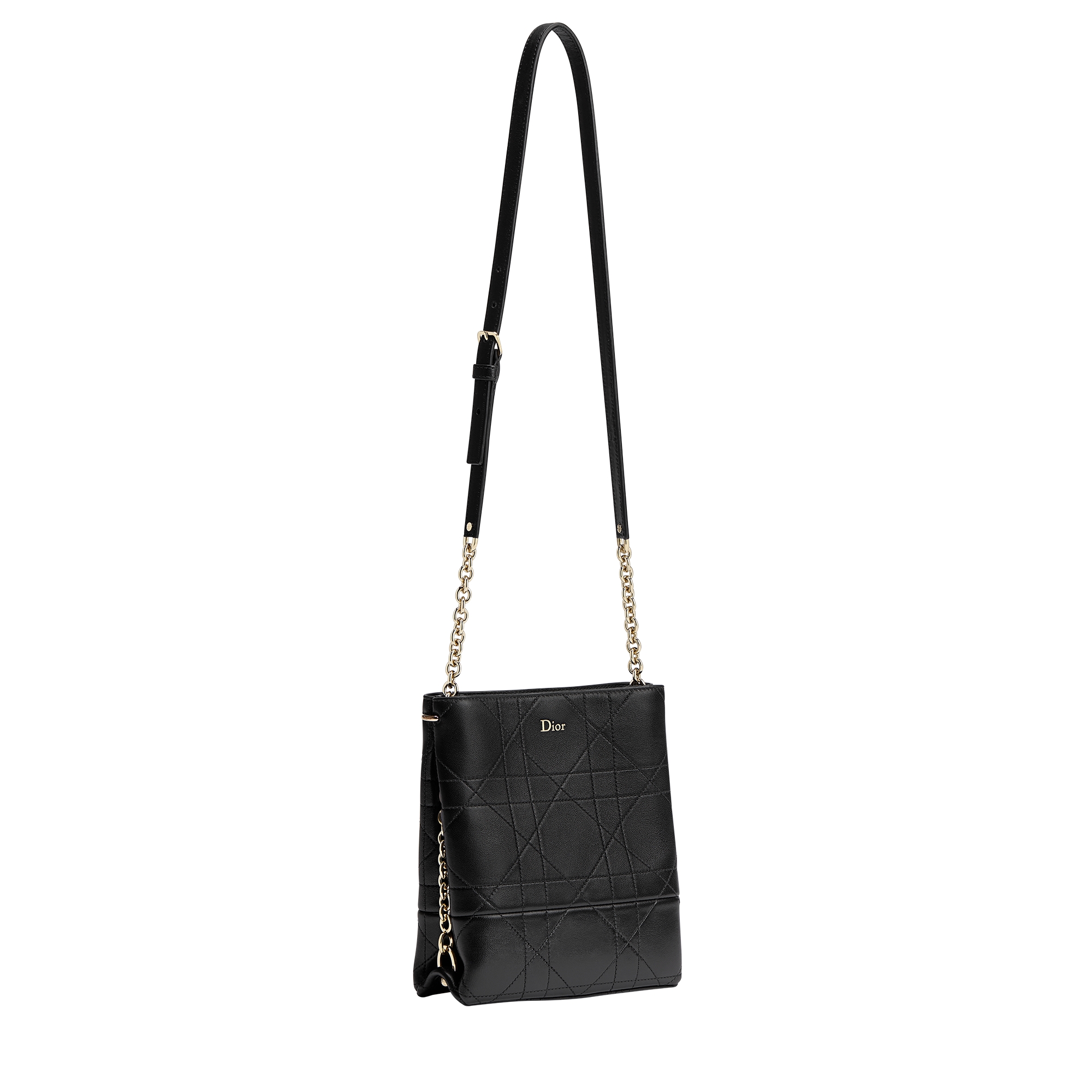 Small Vertical Dior Trianon Bag with Chain Black Flat Macrocannage Lambskin E03