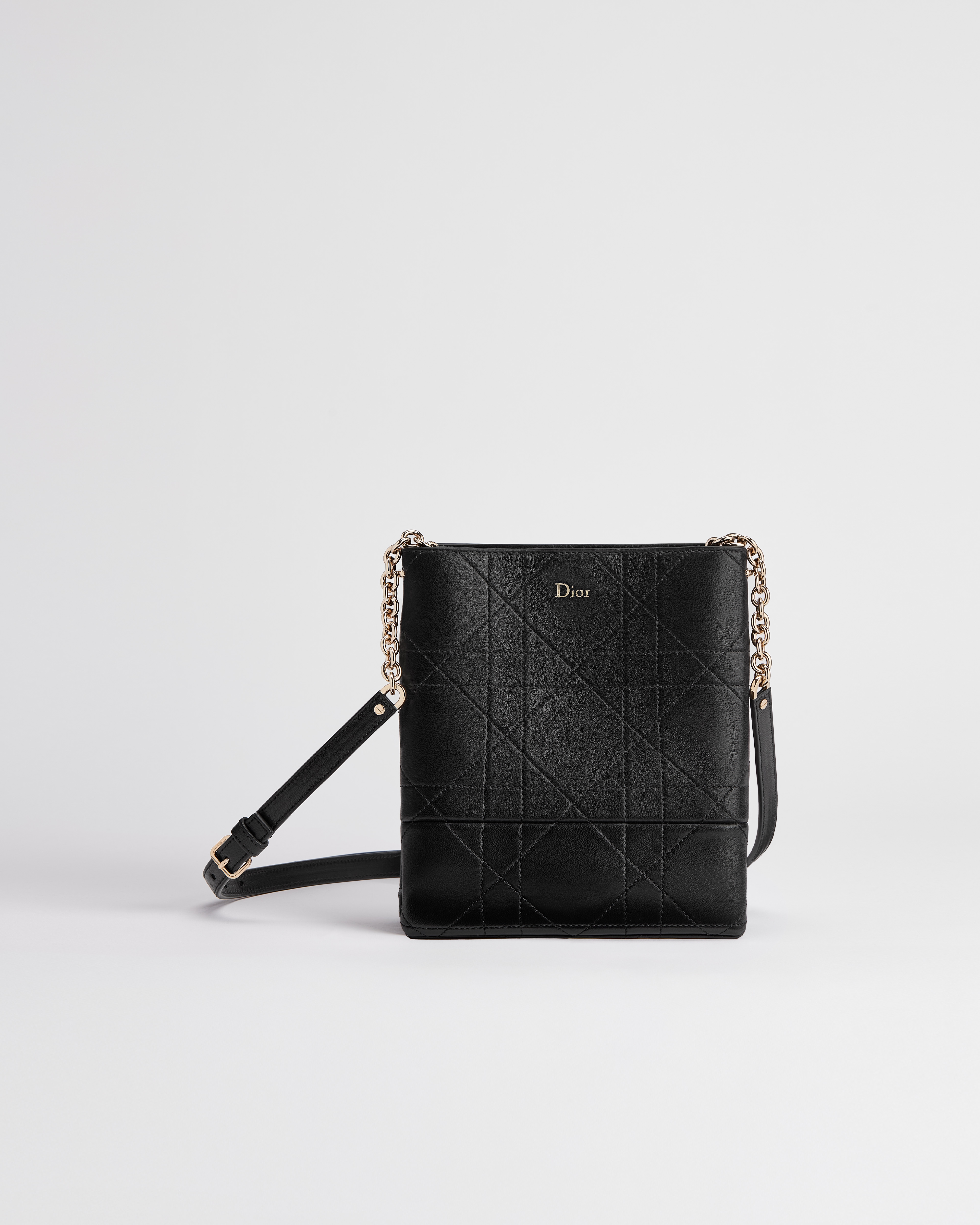 Small Vertical Dior Trianon Bag with Chain Black Flat Macrocannage Lambskin E01