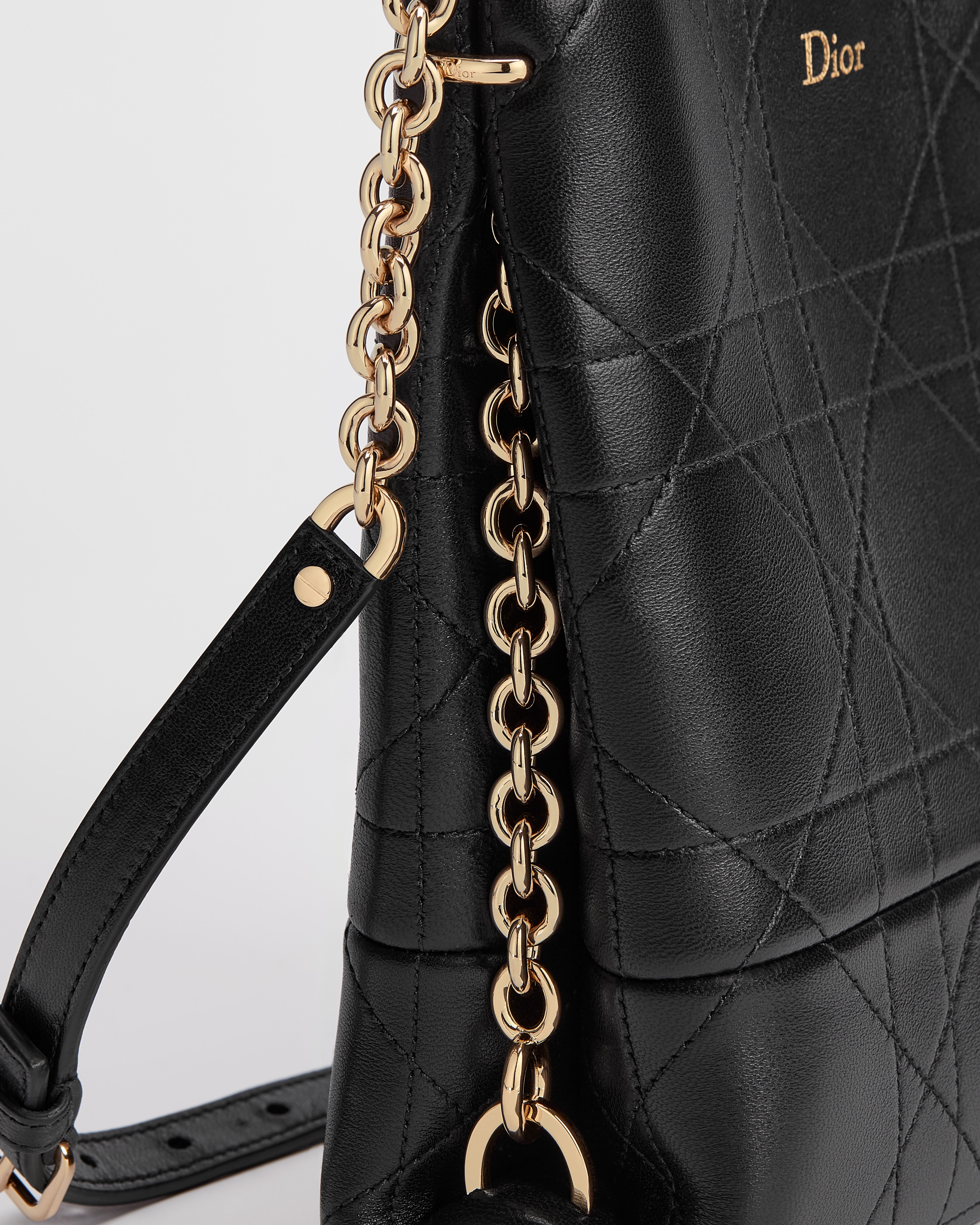 Small Vertical Dior Trianon Bag with Chain Black Flat Macrocannage Lambskin E09