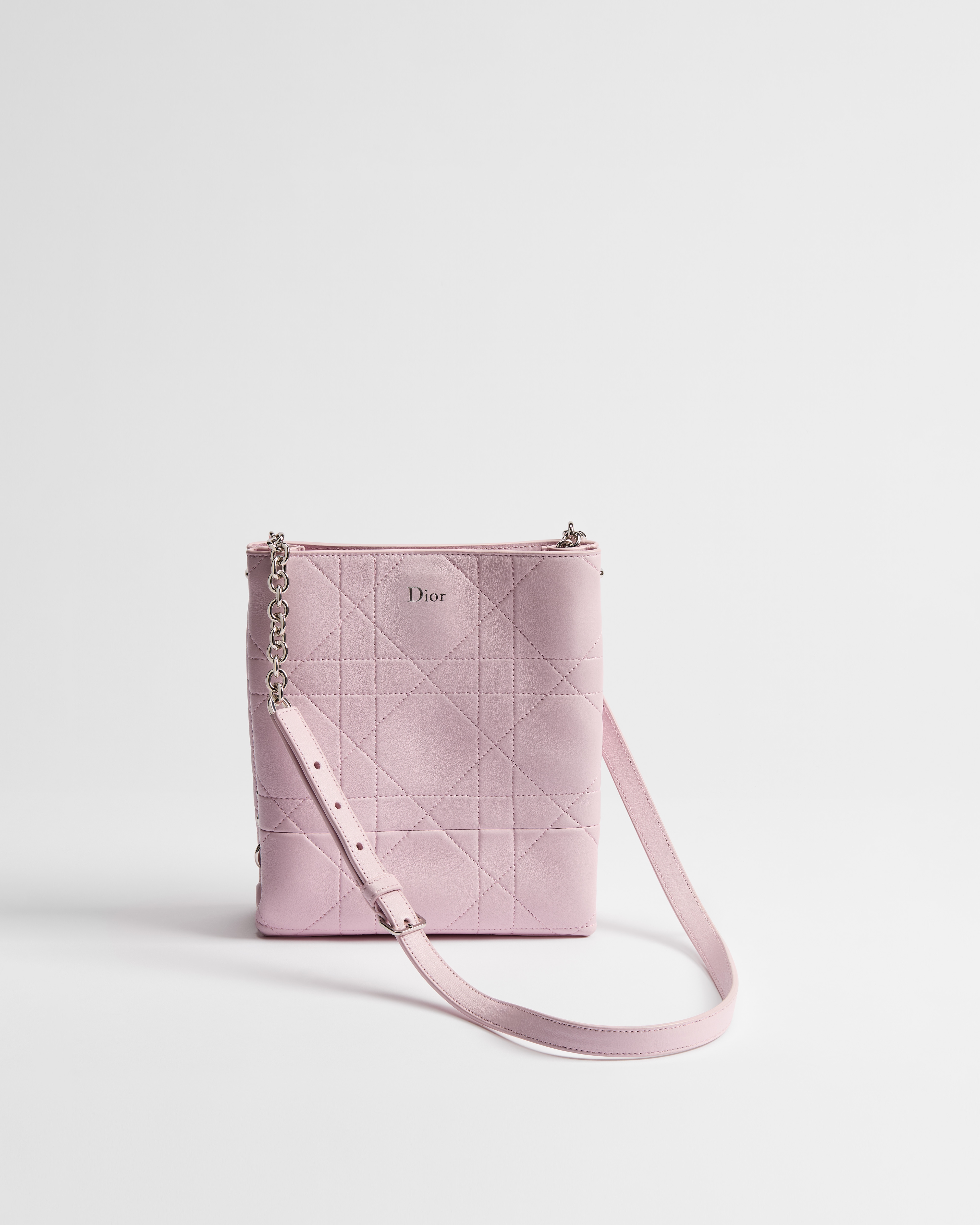 Small Vertical Dior Trianon Bag with Chain Rose Songe Flat Macrocannage lambskin E01