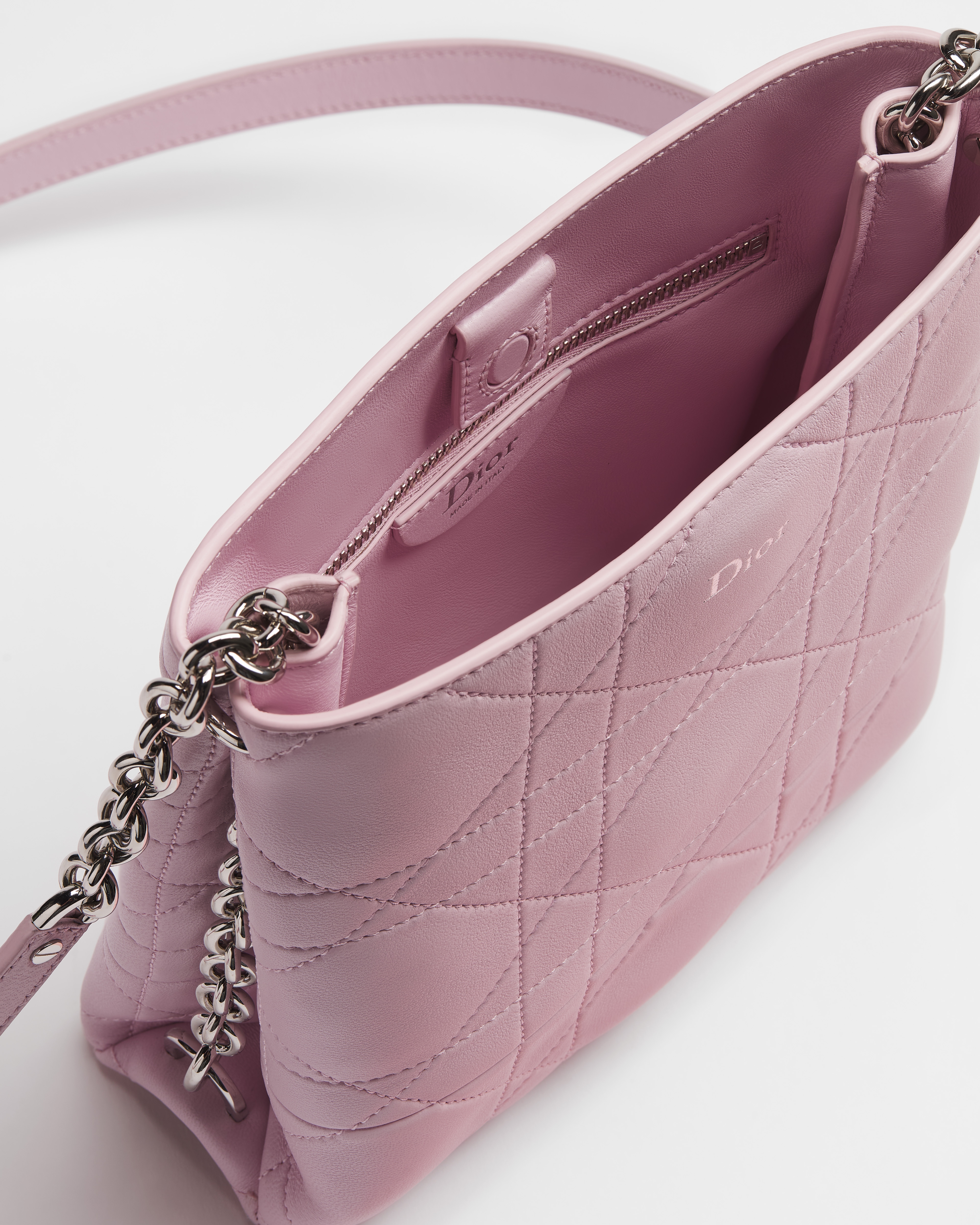Small Vertical Dior Trianon Bag with Chain Rose Songe Flat Macrocannage lambskin E06