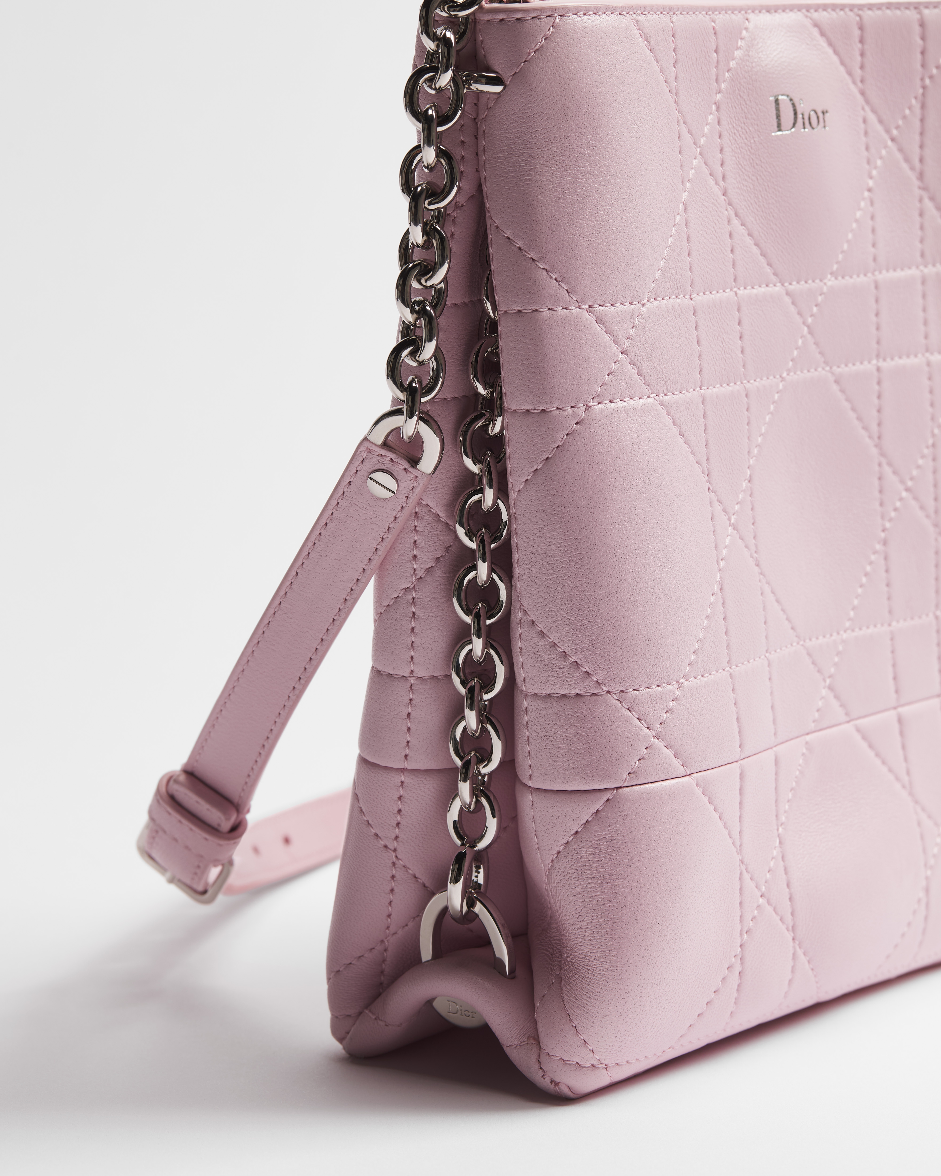 Small Vertical Dior Trianon Bag with Chain Rose Songe Flat Macrocannage lambskin E09