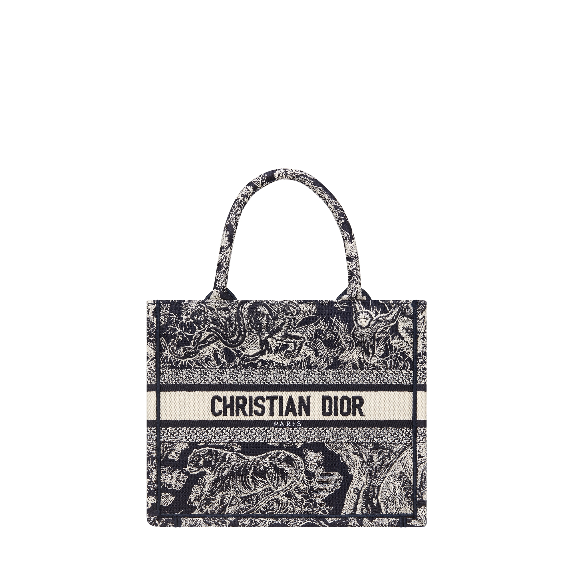 Small Dior Book Tote Blue and White Toile de Jouy Reverse Embroidery (26.5 x 22 x 14 cm) E01