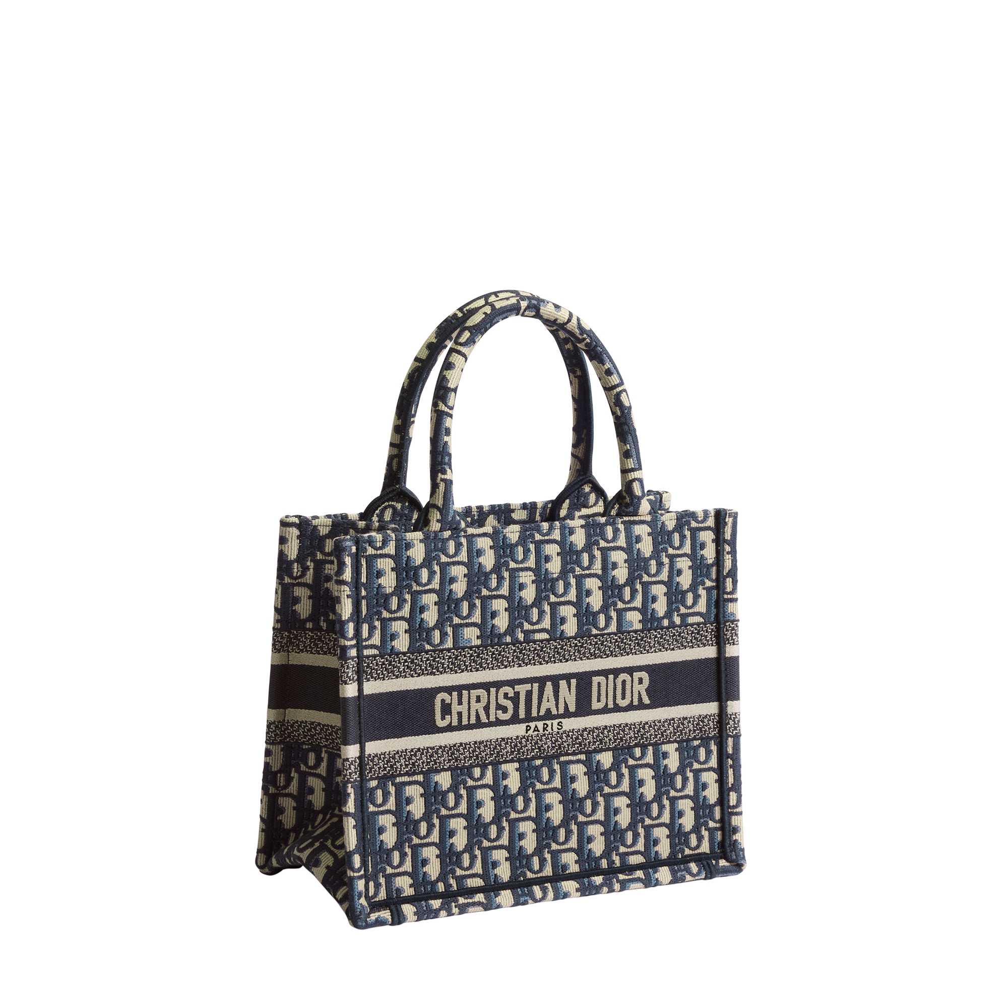 Small Dior Book Tote Ecru and Blue Dior Oblique Embroidery (26.5 x 22 x 14 cm) E02