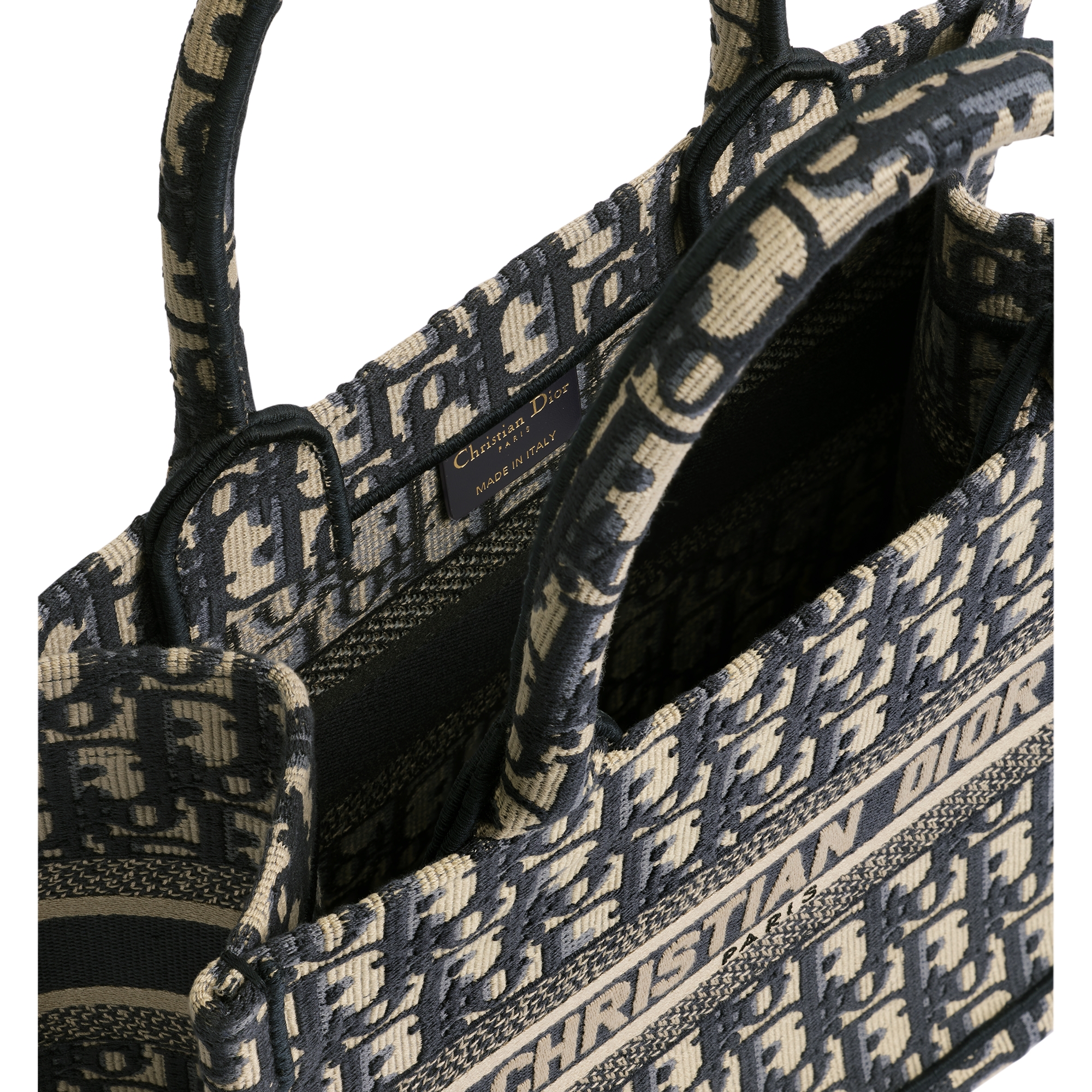 Small Dior Book Tote Ecru and Blue Dior Oblique Embroidery (26.5 x 22 x 14 cm) E06