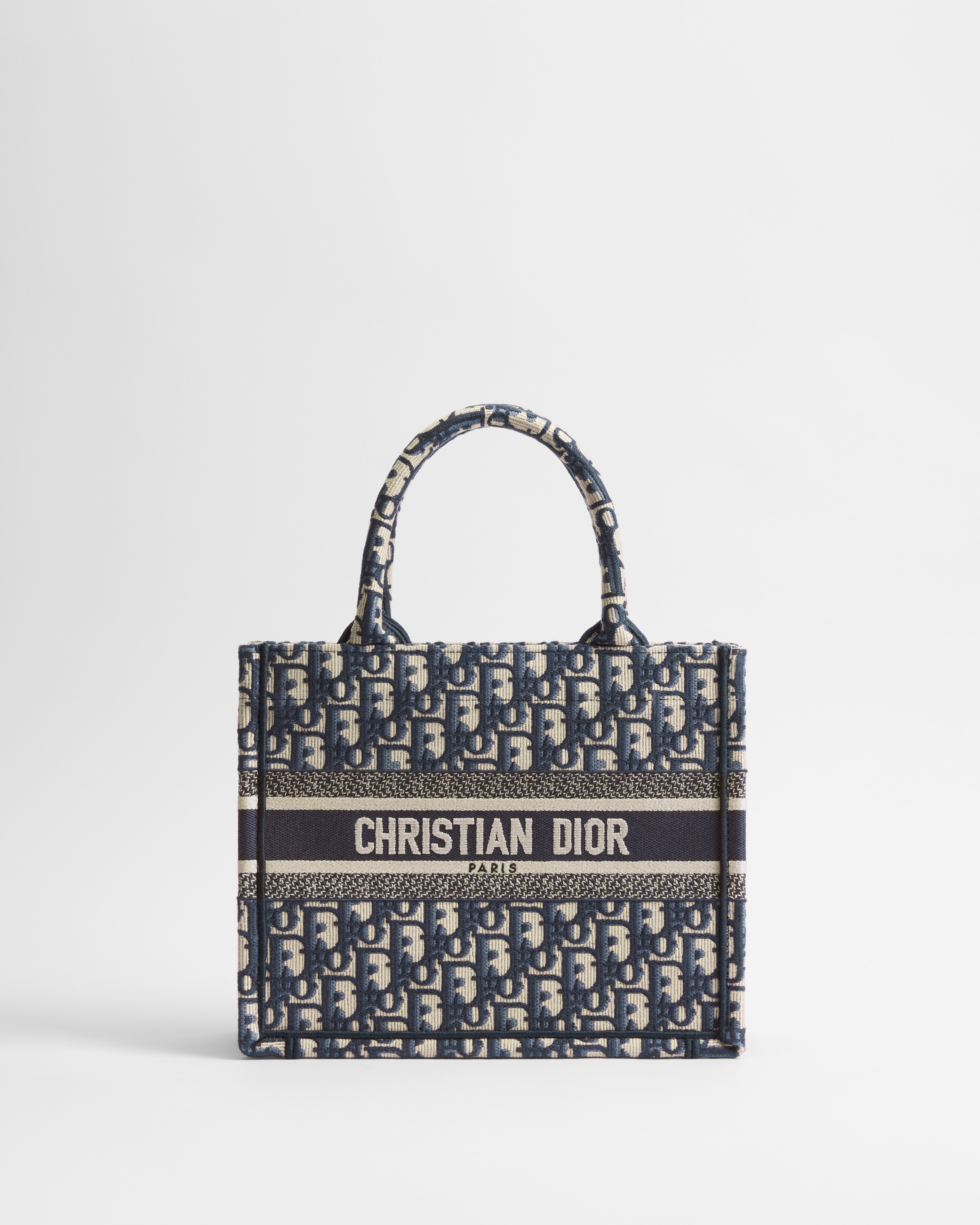 小碼 Dior Book Tote 米白色和藍色 Dior Oblique 刺繡（26.5 x 22 x 14 厘米） E01
