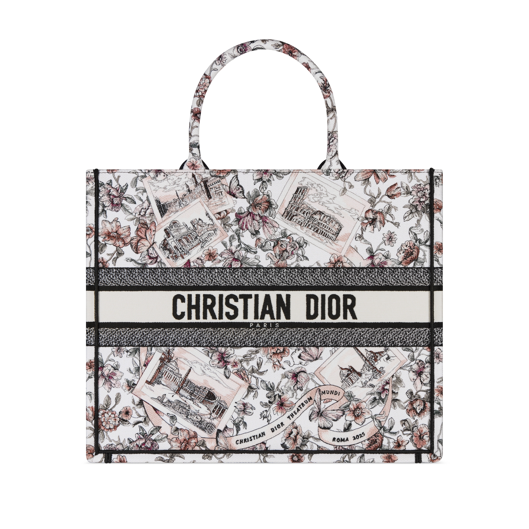 Große Dior Book Tote Souvenir de Rome Stickerei in Rosa (42 x 35 x 18,5 cm) E01
