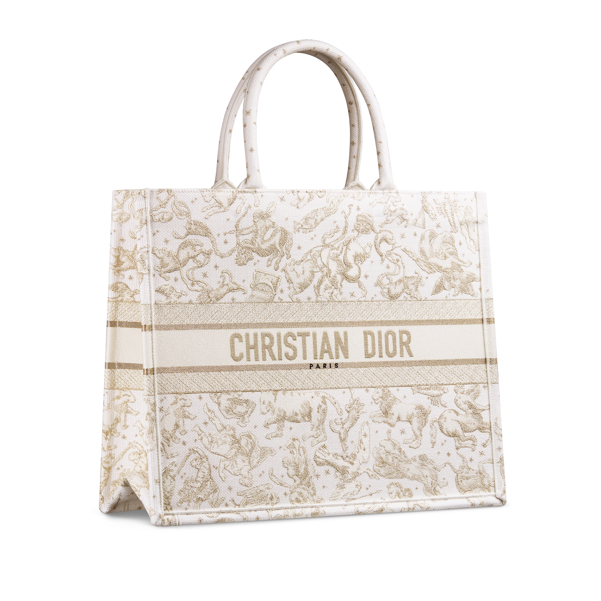 Dior Book Tote 라지 백 라떼 & 골드 톤 Dior Zodiac 자수 (42 x 35 x 18.5cm) E03