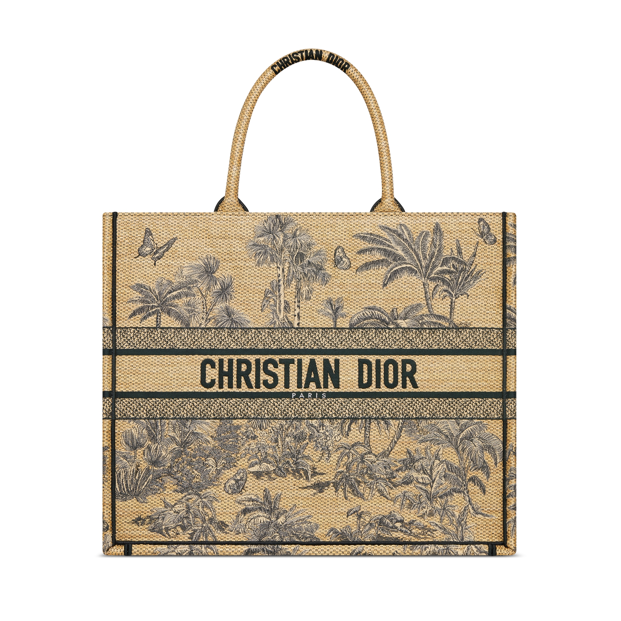 Dioriviera Large Dior Book Tote Beige Toile de Jouy Palms Embroidered Raffia (42 x 35 x 18.5 cm) E01