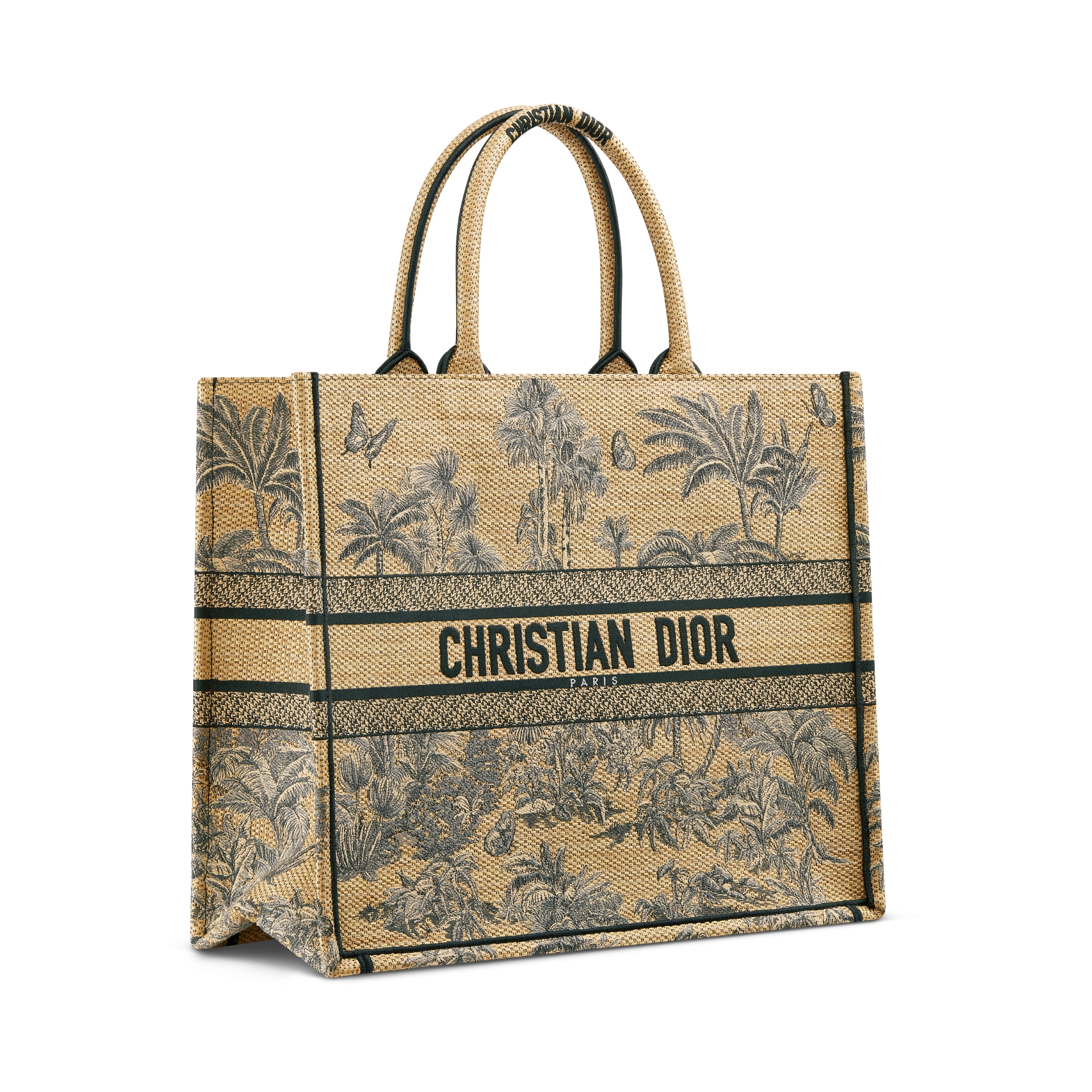 Dioriviera Large Dior Book Tote Beige Toile de Jouy Palms Embroidered Raffia (42 x 35 x 18.5 cm) E03