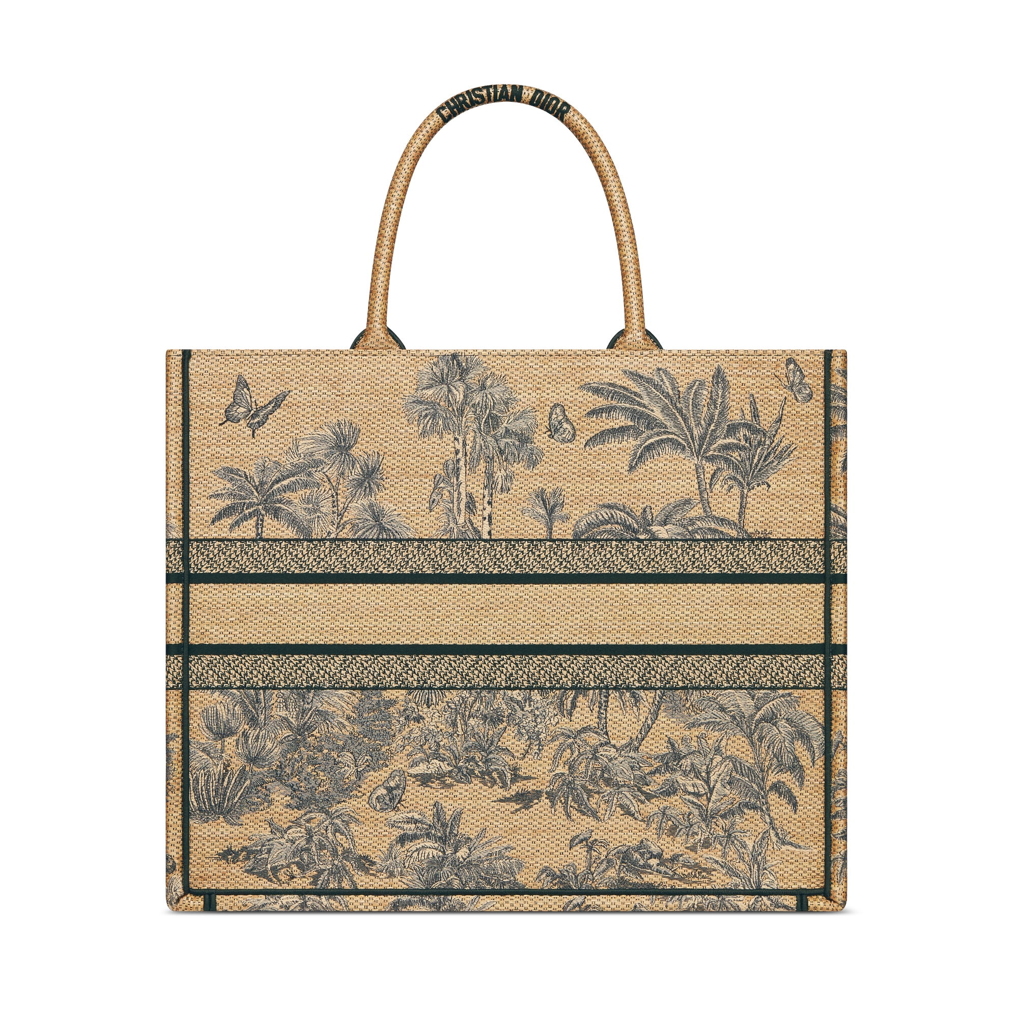 Dioriviera Large Dior Book Tote Beige Toile de Jouy Palms Embroidered Raffia (42 x 35 x 18.5 cm) E08