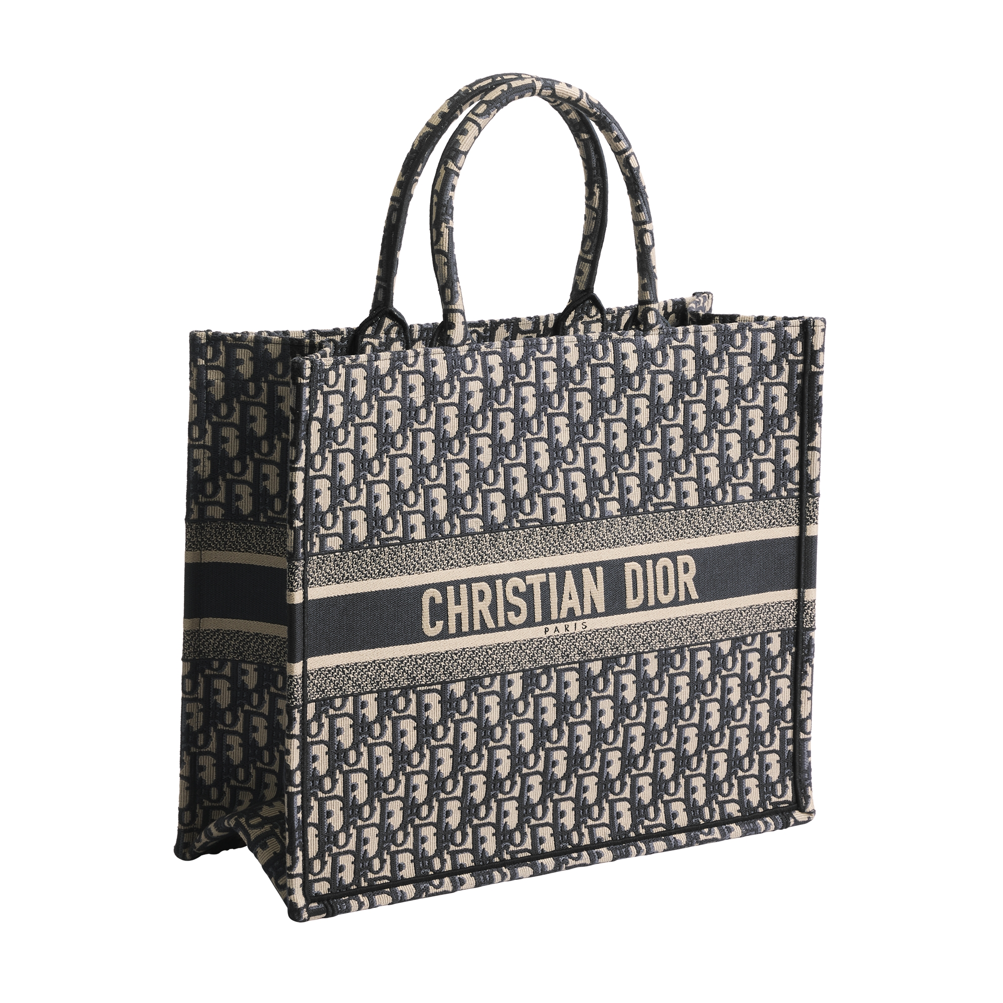 Large Dior Book Tote Ecru and Blue Dior Oblique Embroidery (42 x 35 x 18.5 cm) E03