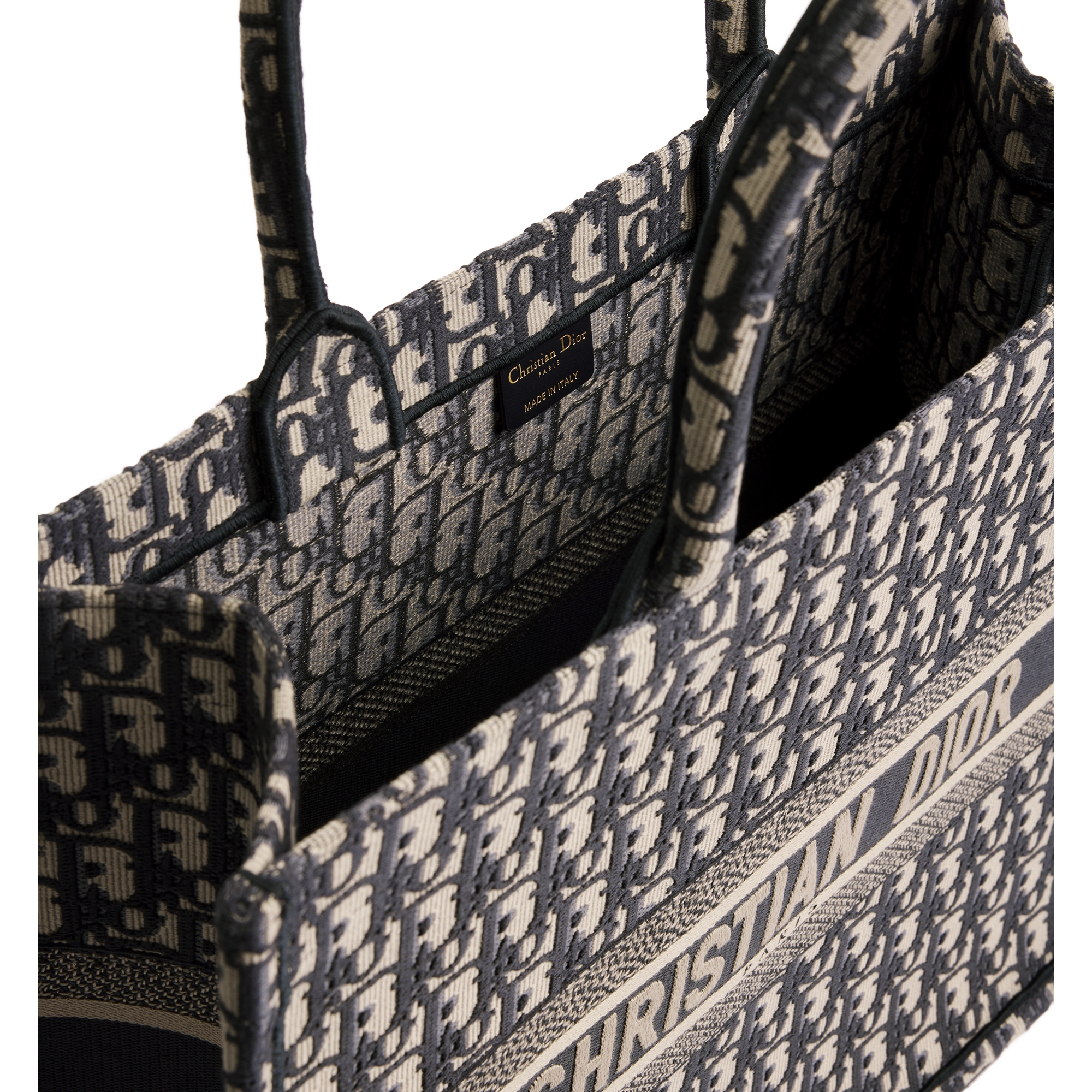 Large Dior Book Tote Ecru and Blue Dior Oblique Embroidery (42 x 35 x 18.5 cm) E06