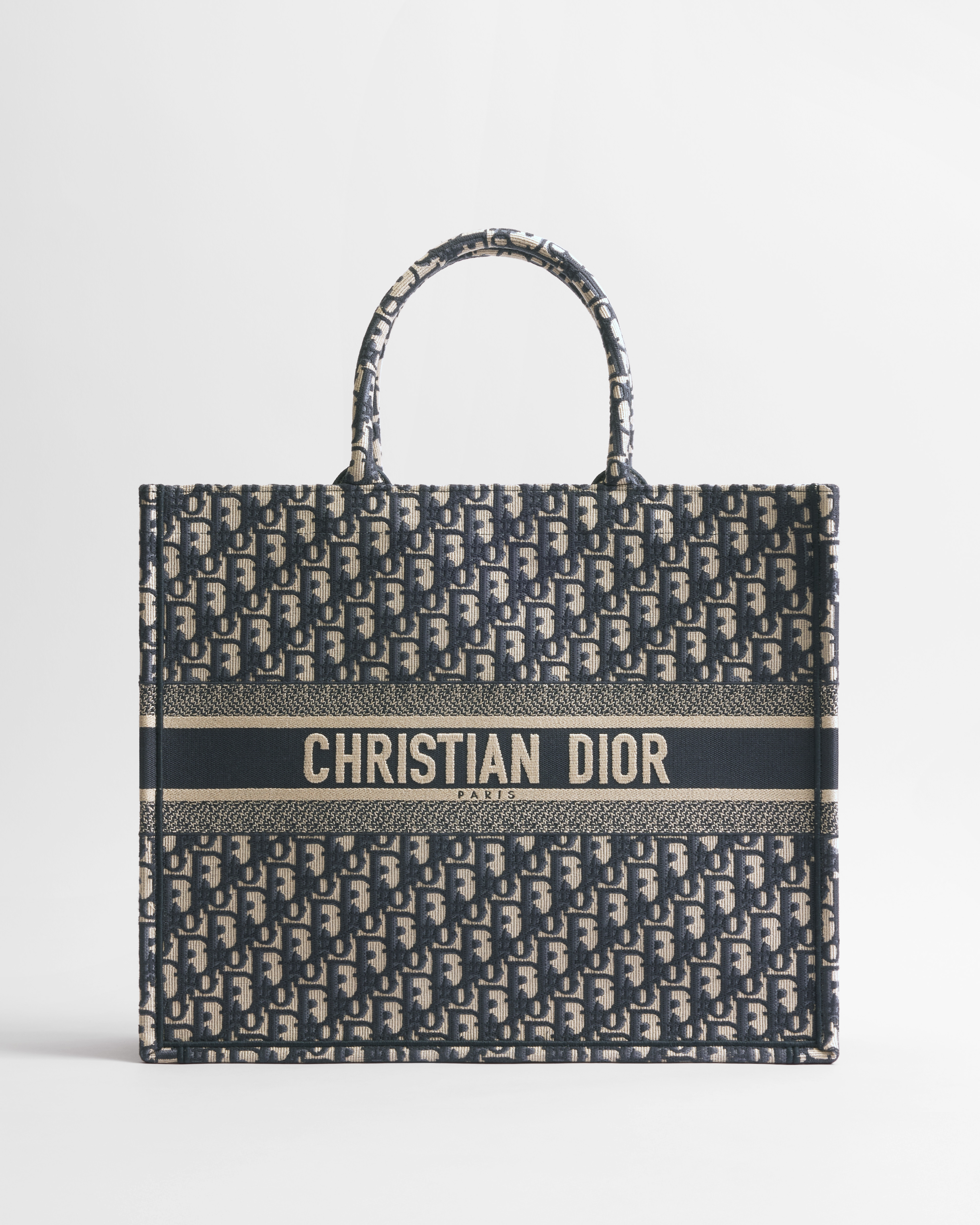 Large Dior Book Tote Ecru and Blue Dior Oblique Embroidery (42 x 35 x 18.5 cm) E01