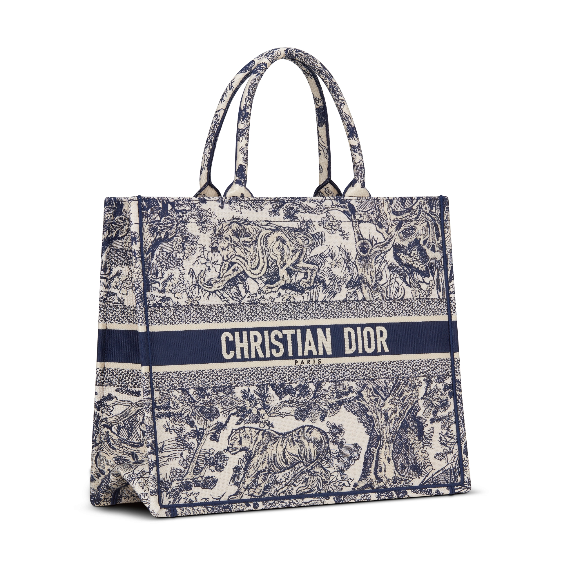 Large Dior Book Tote Ecru and Blue Toile de Jouy Embroidery (42 x 35 x 18.5 cm) E03