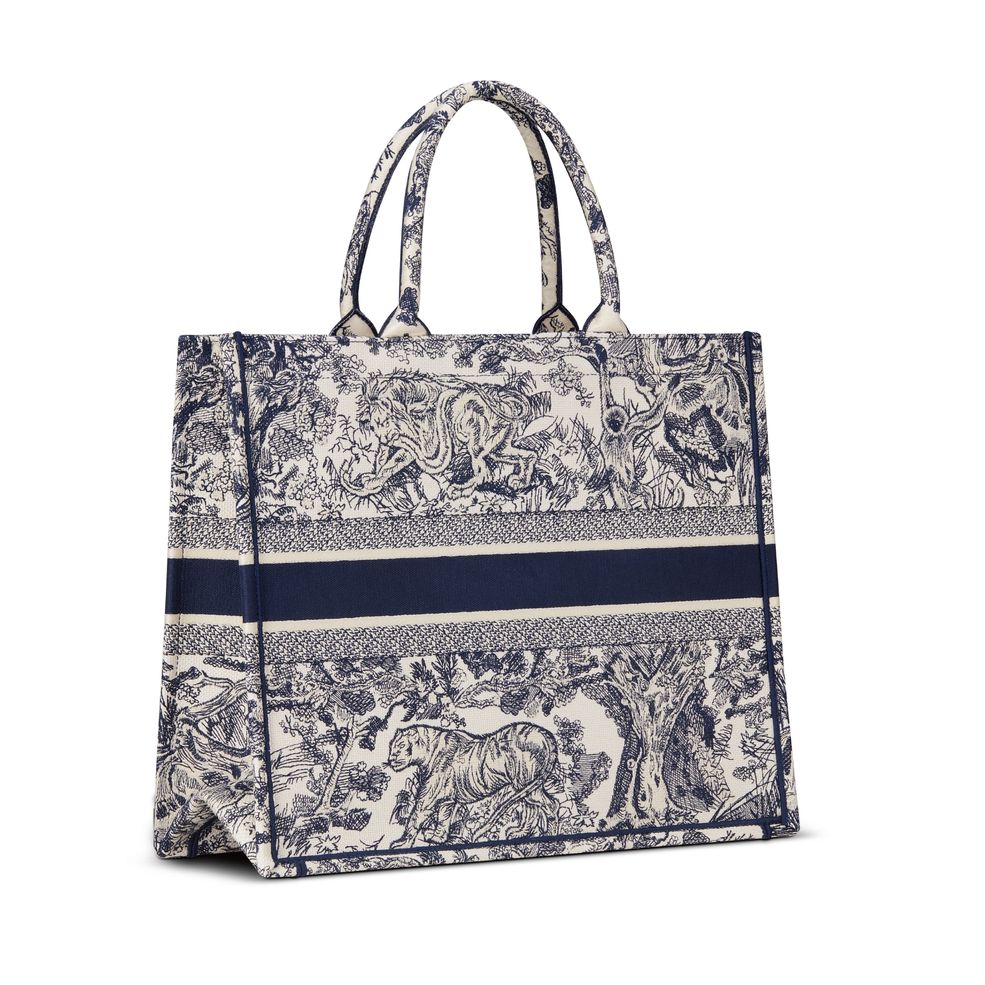 Large Dior Book Tote Ecru and Blue Toile de Jouy Embroidery (42 x 35 x 18.5 cm) E05