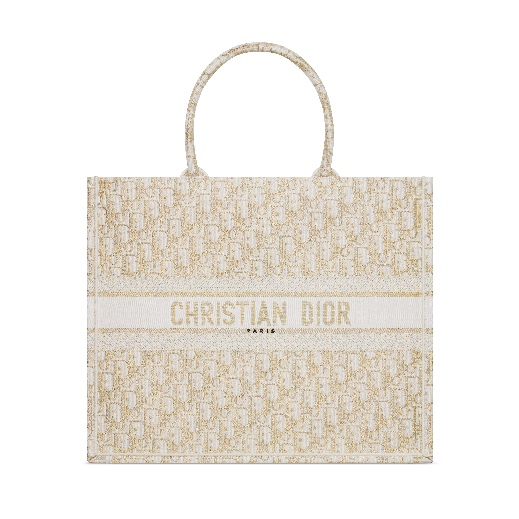 Sac Dior Book Tote Large Broderie Dior Oblique blanc et doré (42 x 35 x 18,5 cm) E01