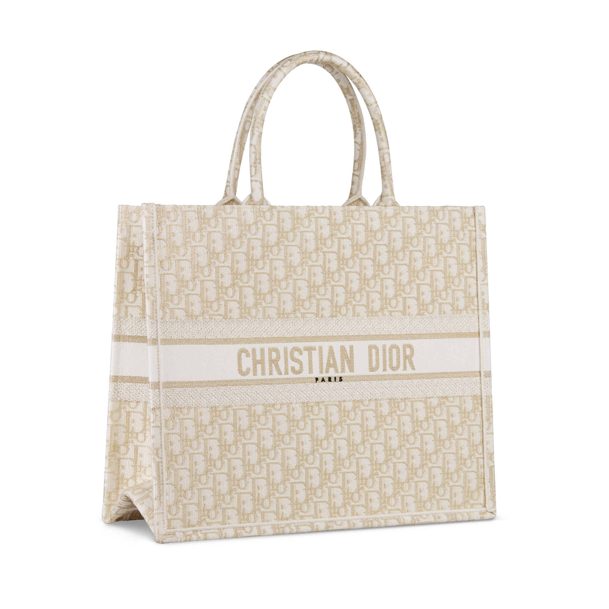 Sac Dior Book Tote Large Broderie Dior Oblique blanc et doré (42 x 35 x 18,5 cm) E03