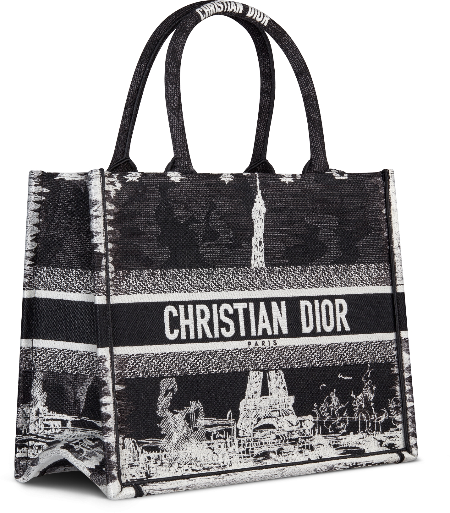 Sac Dior Book Tote Medium Broderie Paris noire et blanche 36 x 27 5 x 16 5 cm DIOR