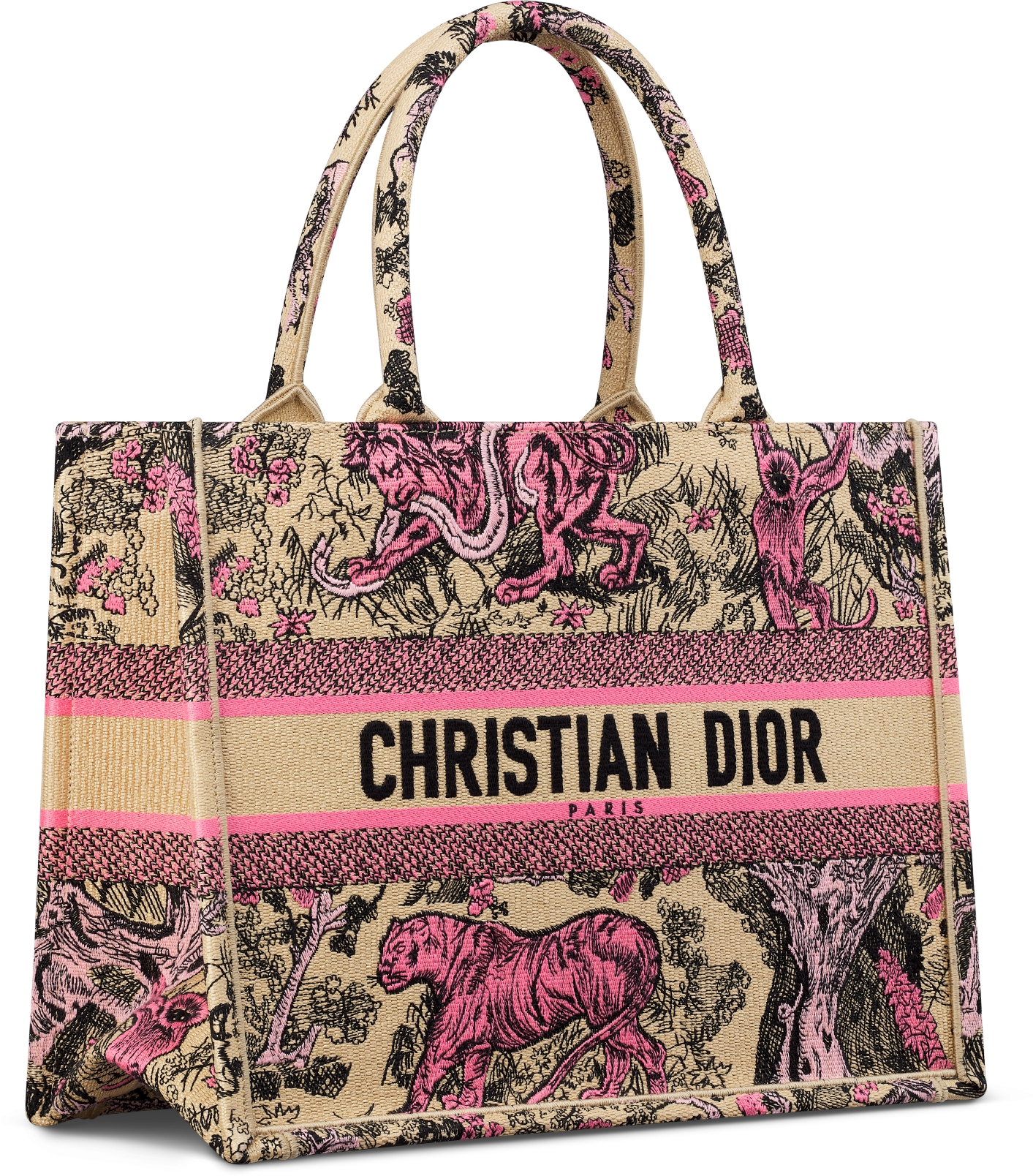 Medium Dioriviera Dior Book Tote Raffia with Candy Pink Toile de Jouy Sauvage Embroidery 36 x 27.5 x 16.5 cm DIOR