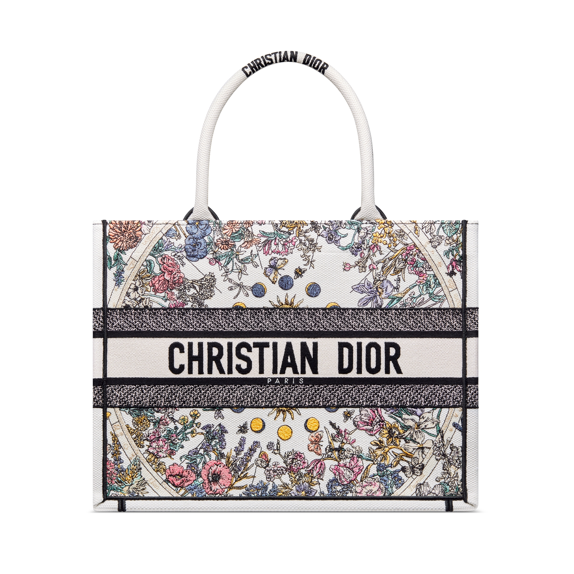 Dior Lucky Medium Dior Book Tote White Multicolor Dior Zodiac Flowers Embroidery (36 x 27.5 x 16.5 cm) E01