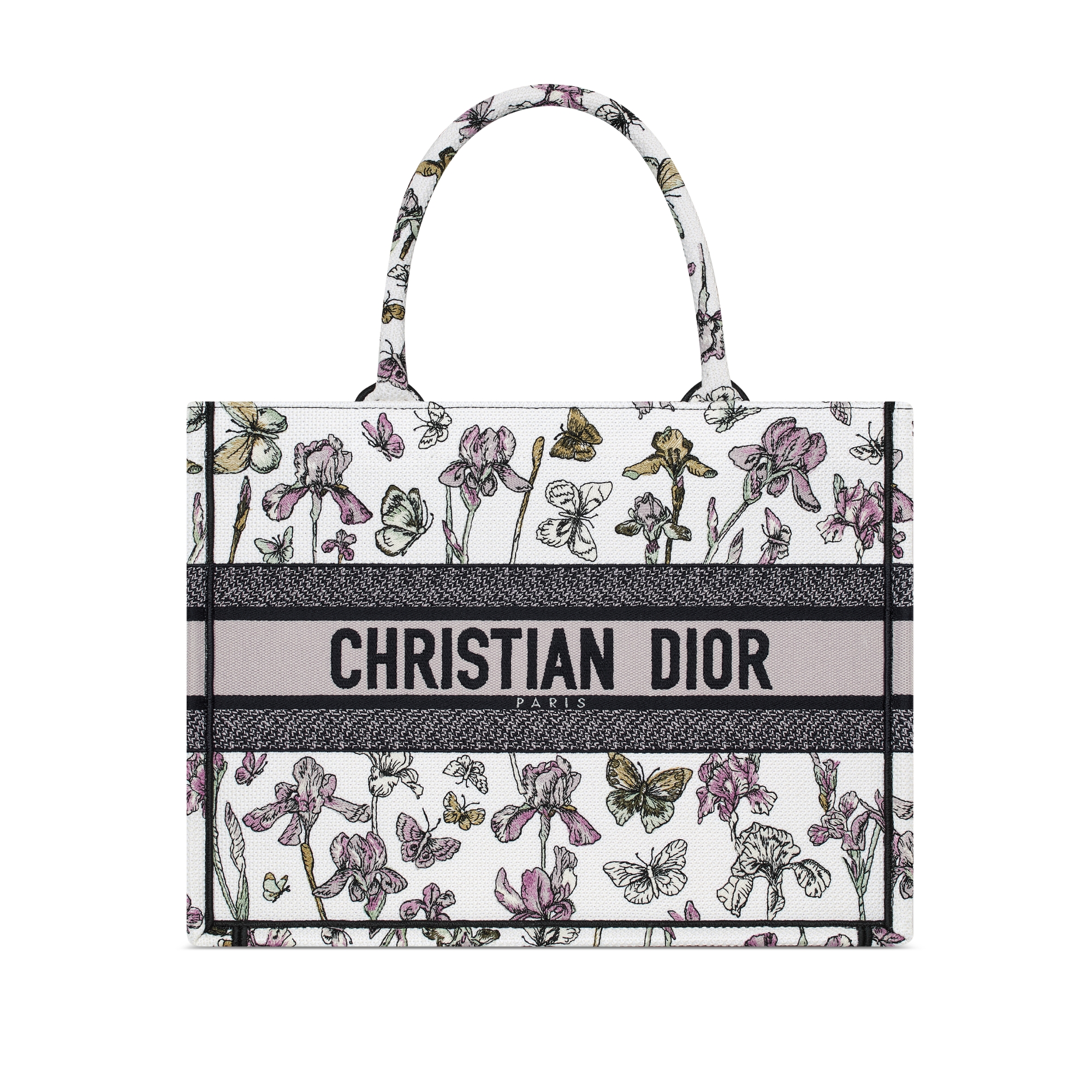 Mittelgroße Dior Book Tote Butterflies & Iris Stickerei in Latte/mehreren Farben (36 x 27,5 x 16,5 cm) E01