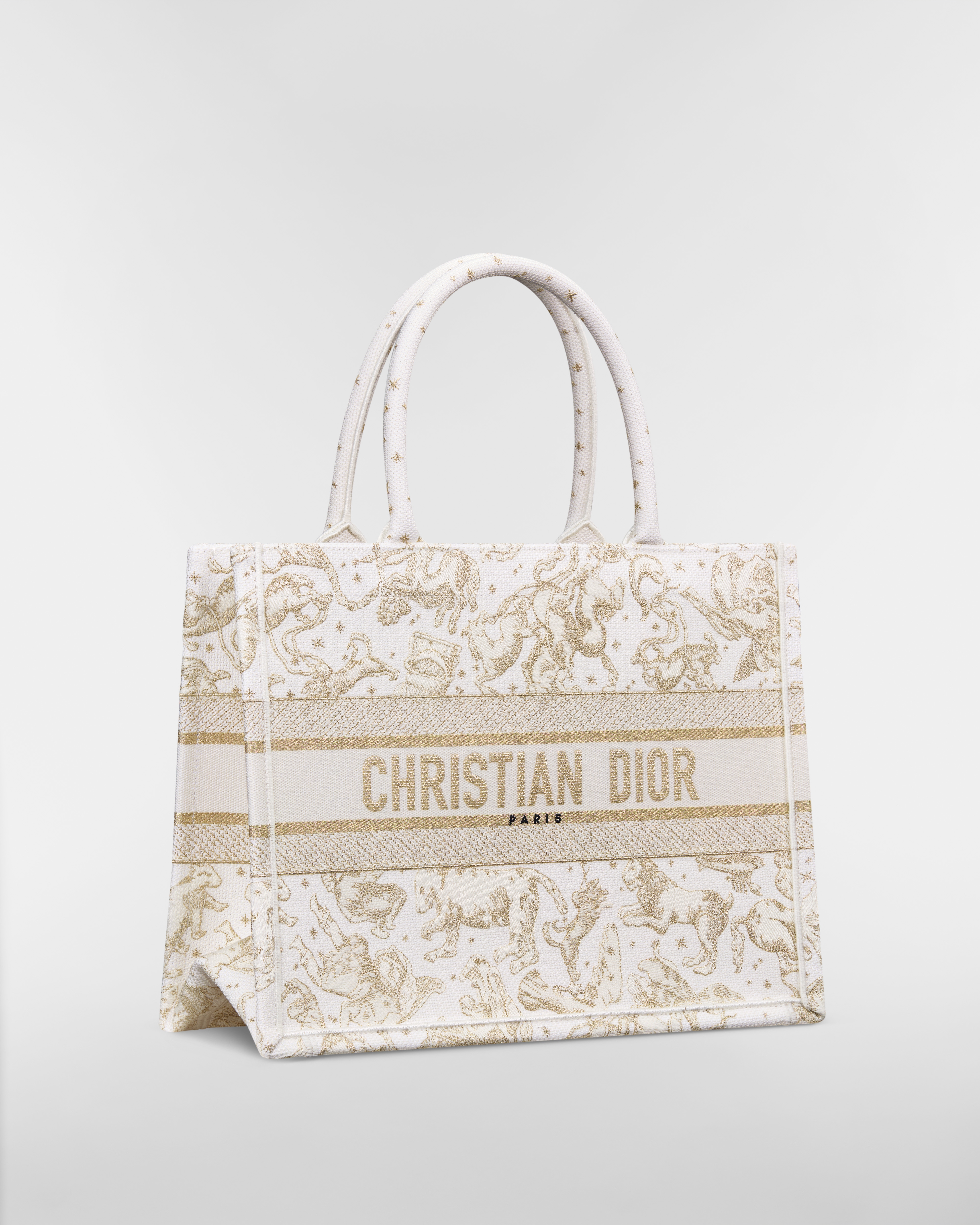 中碼 Dior Book Tote 奶白色和金色色調 Dior Zodiac 刺繡（36 x 27.5 x 16.5 厘米） E03