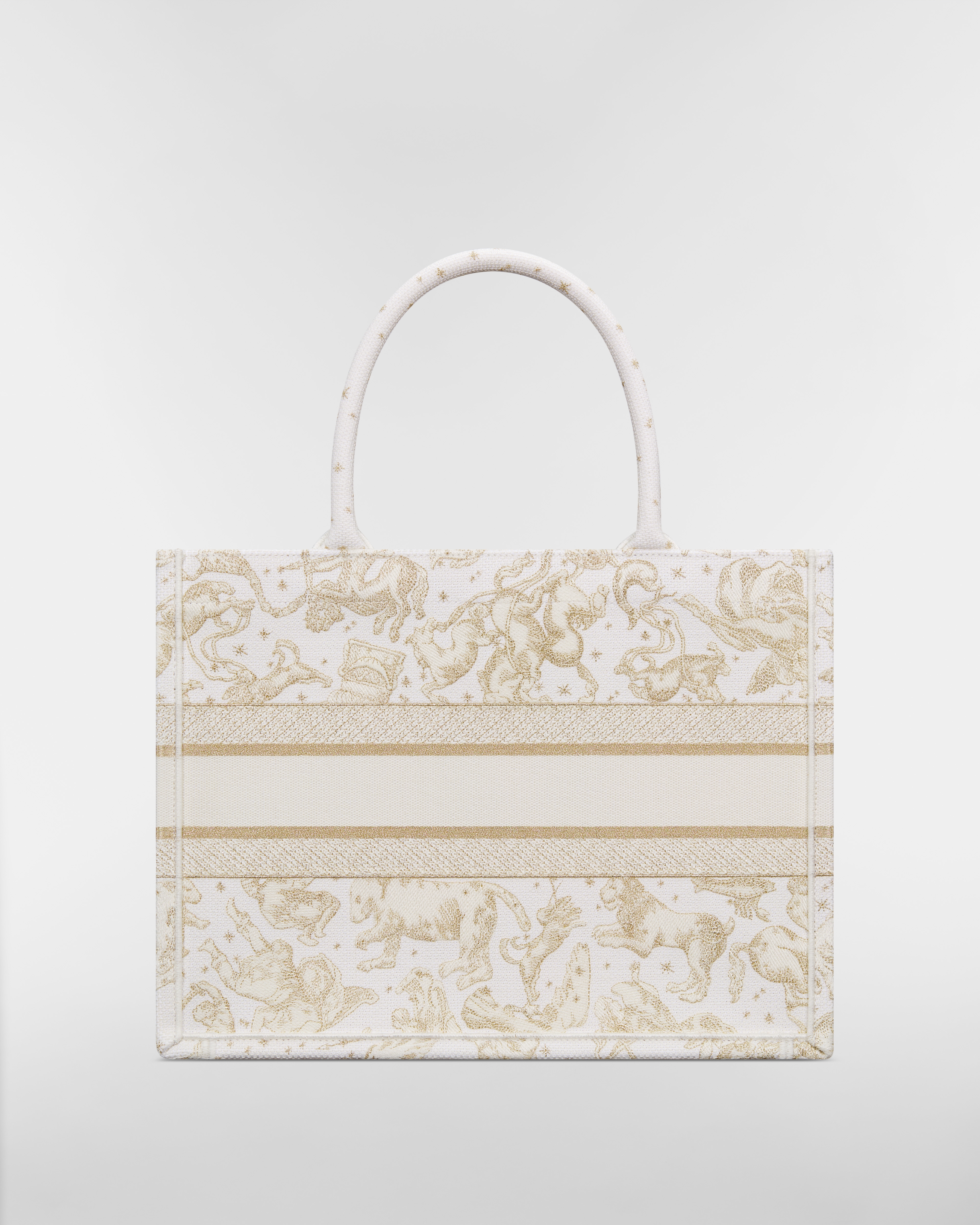 中碼 Dior Book Tote 奶白色和金色色調 Dior Zodiac 刺繡（36 x 27.5 x 16.5 厘米） E08