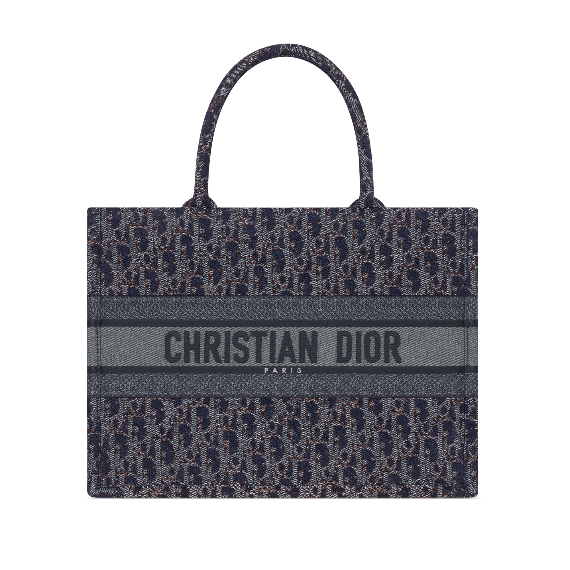 Sac Dior Book Tote Medium Broderie Dior Oblique Denim à surpiqûres contrastées bleu et couleur tabac (36 x 27,5 x 16,5 cm) E01