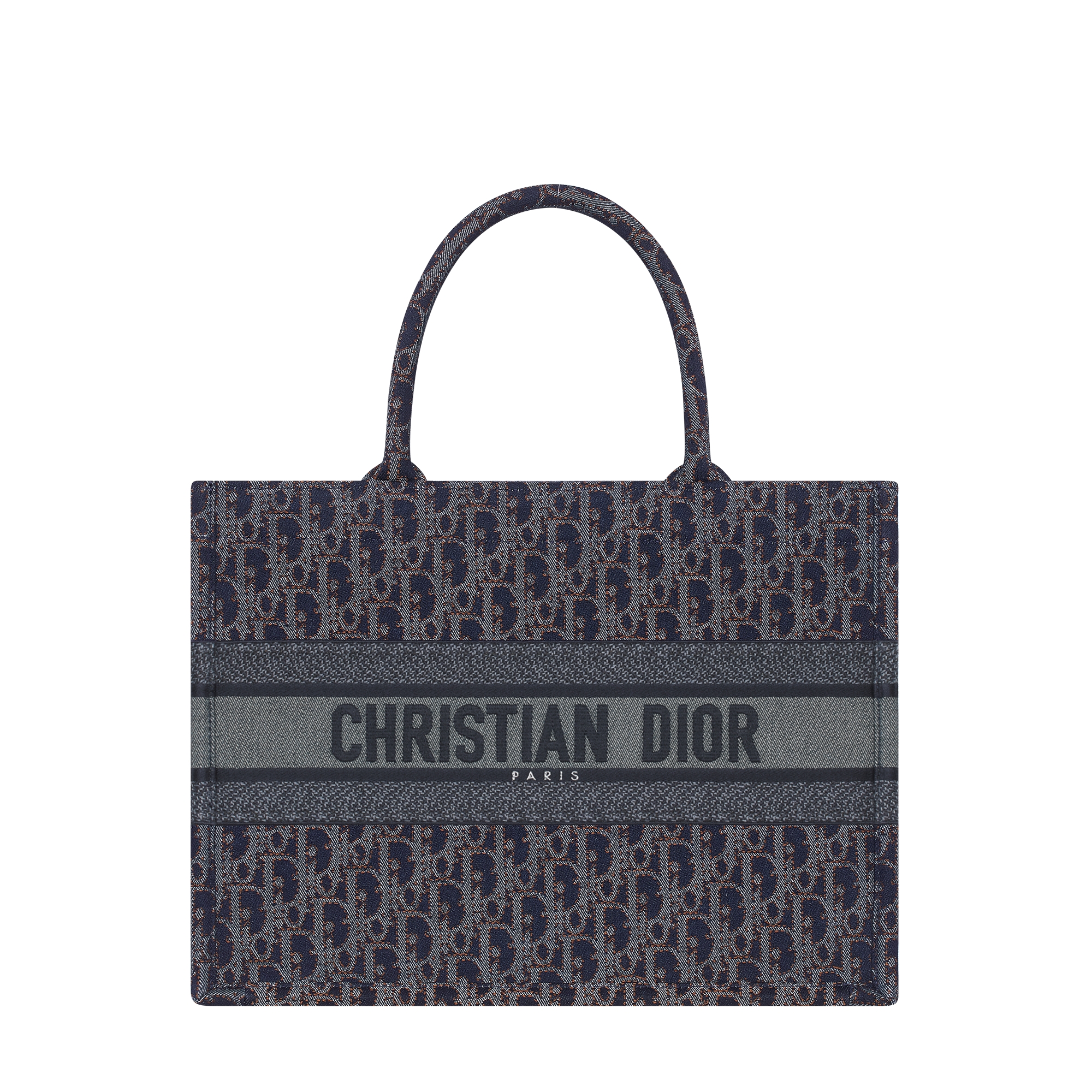 Medium Dior Book Tote Blue and Tobacco Brown Dior Oblique Denim Embroidery with Contrasting Topstitching (36 x 27.5 x 16.5) E01