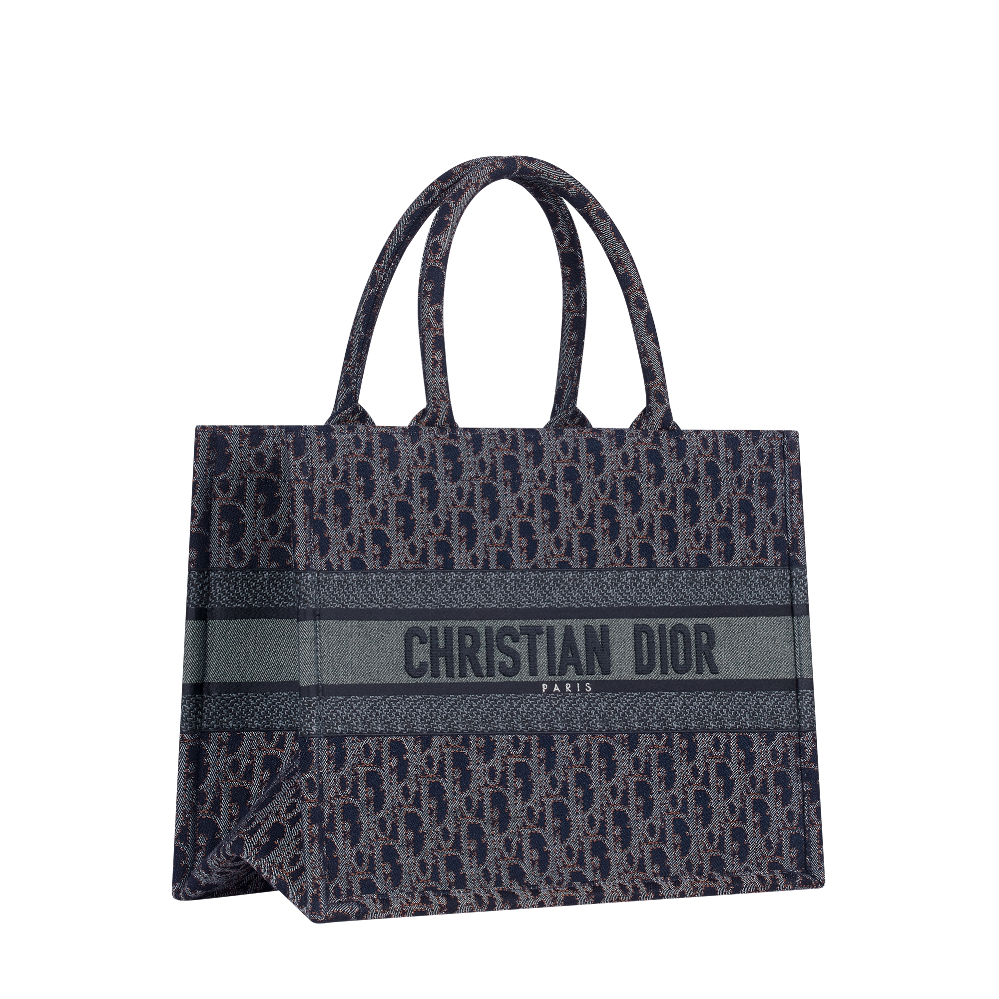 Medium Dior Book Tote Blue and Tobacco Brown Dior Oblique Denim Embroidery with Contrasting Topstitching (36 x 27.5 x 16.5) E03