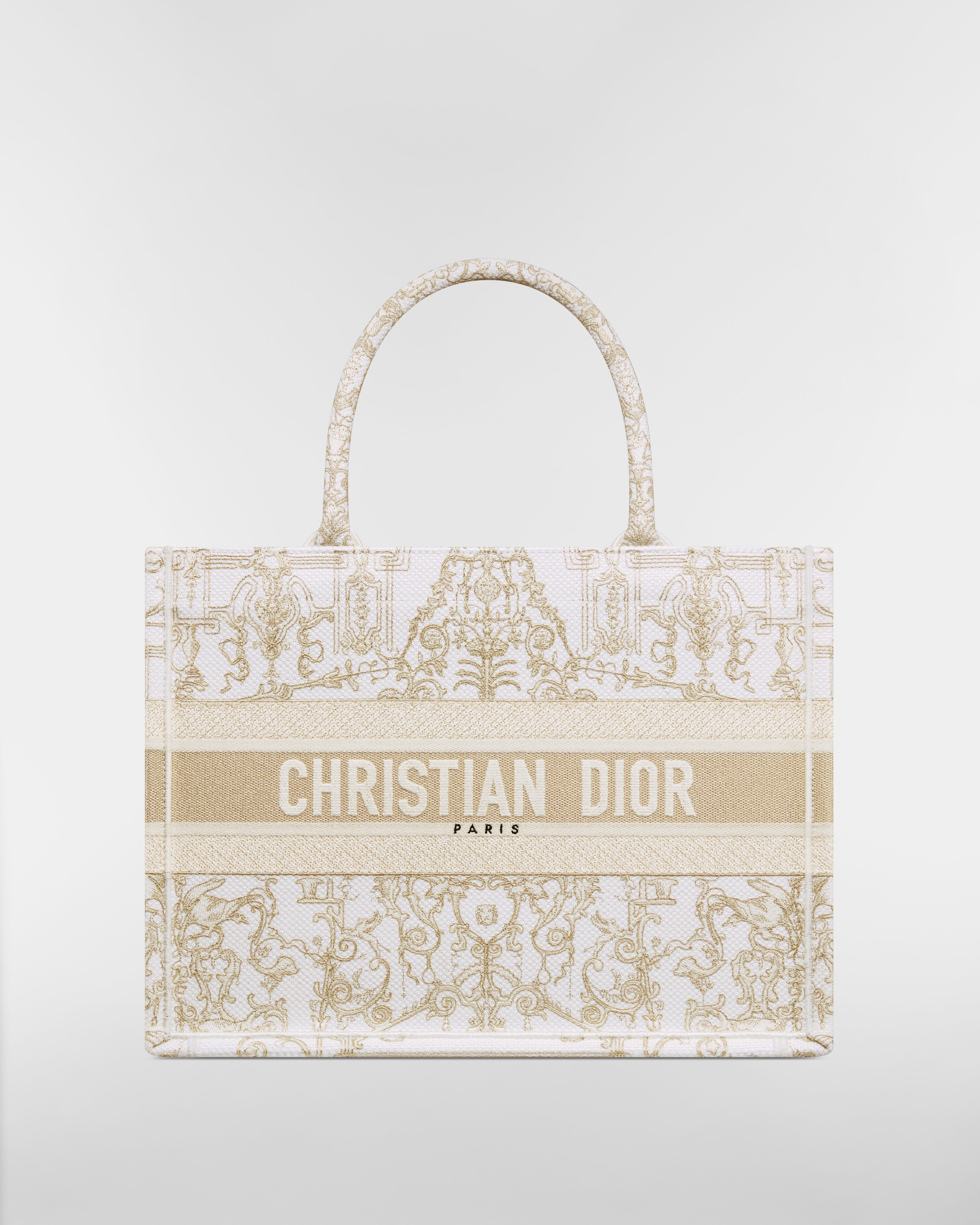 中碼 Dior Book Tote 奶白色和金色色調 Dioresque Stella 鏈式效果刺繡（36 x 27.5 x 16.5 厘米） E01