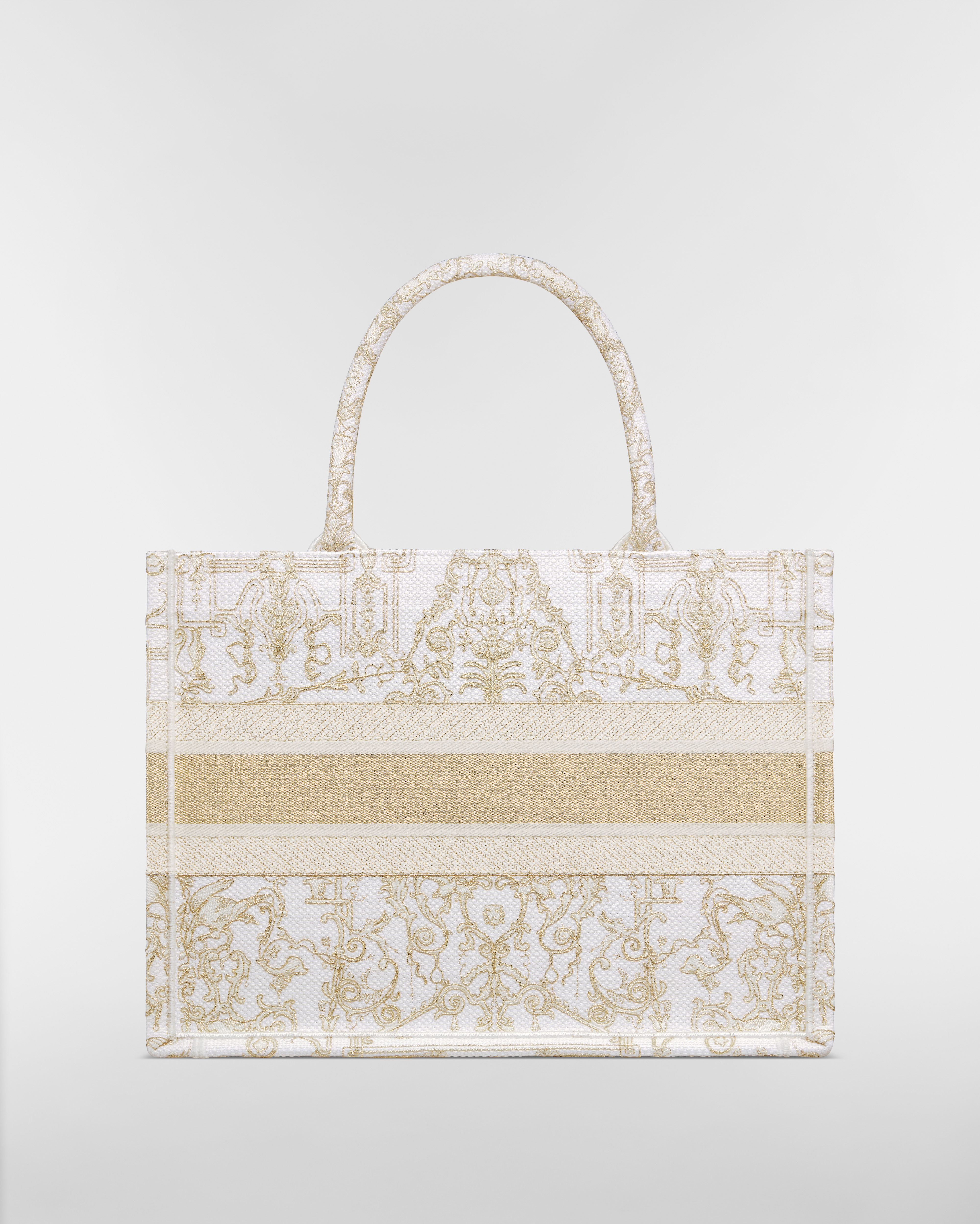 中碼 Dior Book Tote 奶白色和金色色調 Dioresque Stella 鏈式效果刺繡（36 x 27.5 x 16.5 厘米） E08