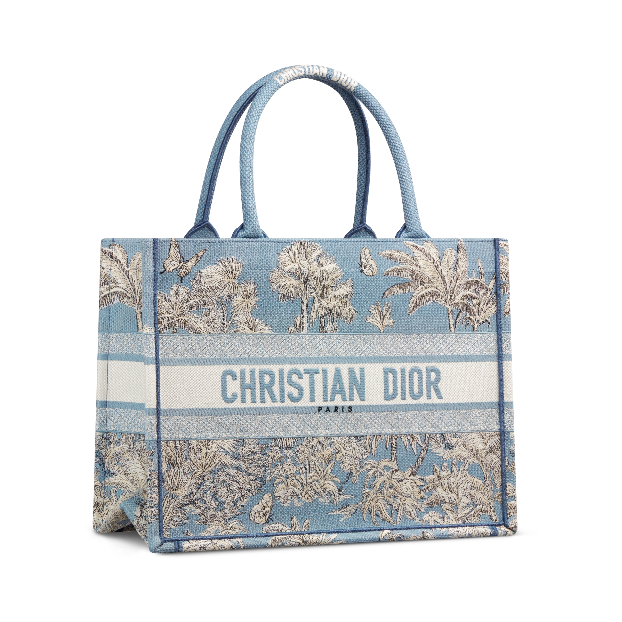Dioriviera Medium Dior Book Tote Celestial Blue and White Toile de Jouy Palms Embroidery (36 x 27.5 x 16.5 cm) E03