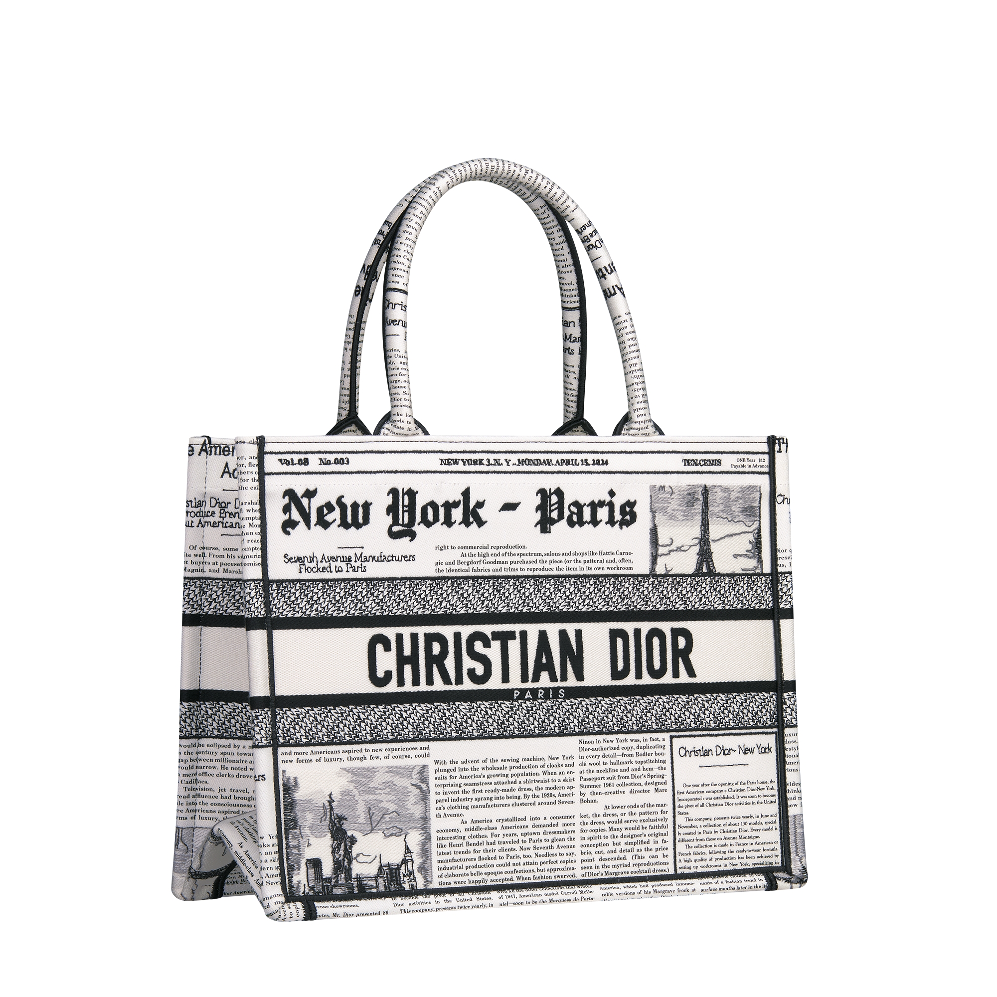 Medium Dior Book Tote White and Black Newspaper Embroidery (36 x 27.5 x 16.5 cm) E03