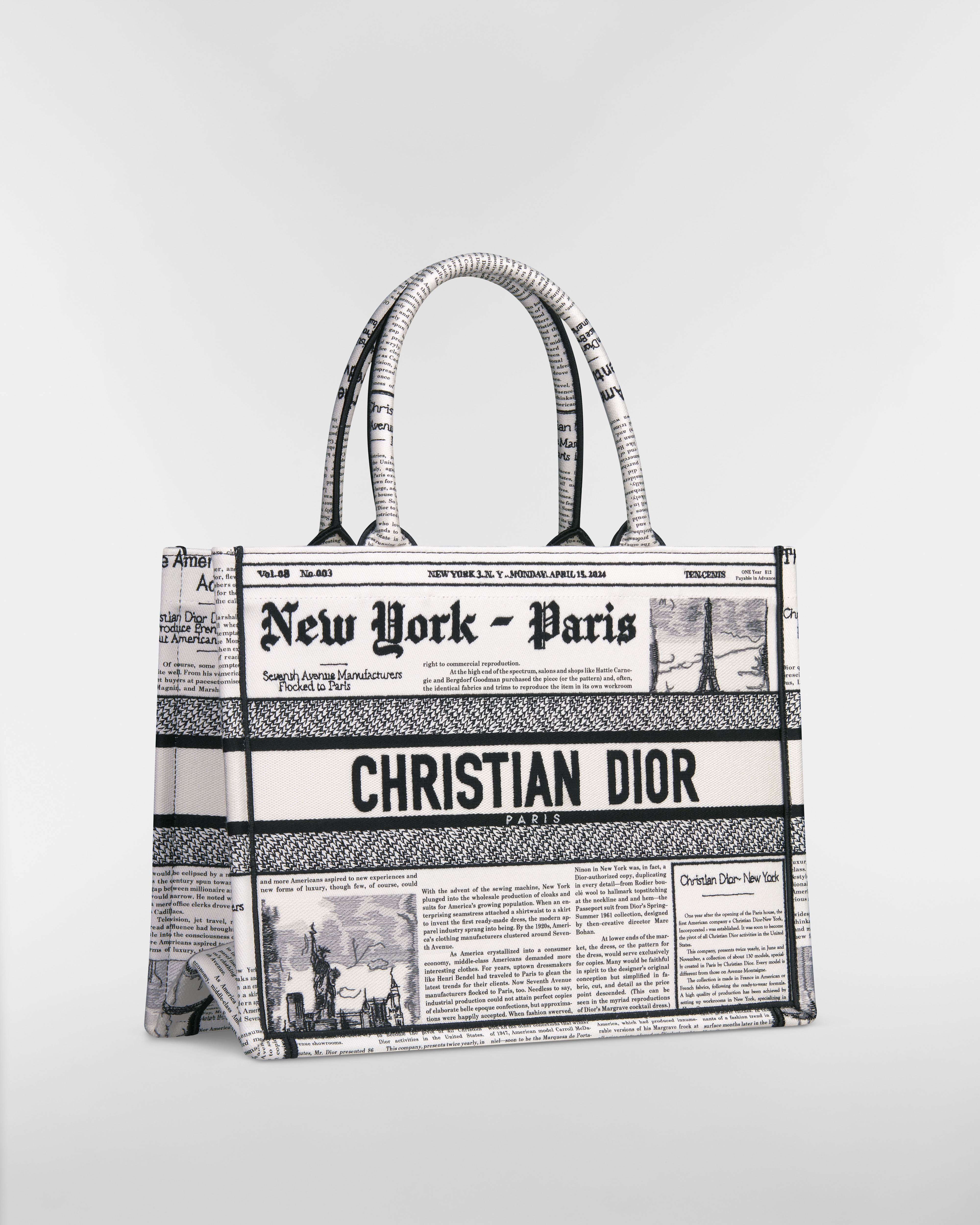 中碼 Dior Book Tote 白色和黑色報紙圖案刺繡（36 x 27.5 x 16.5 厘米） E03