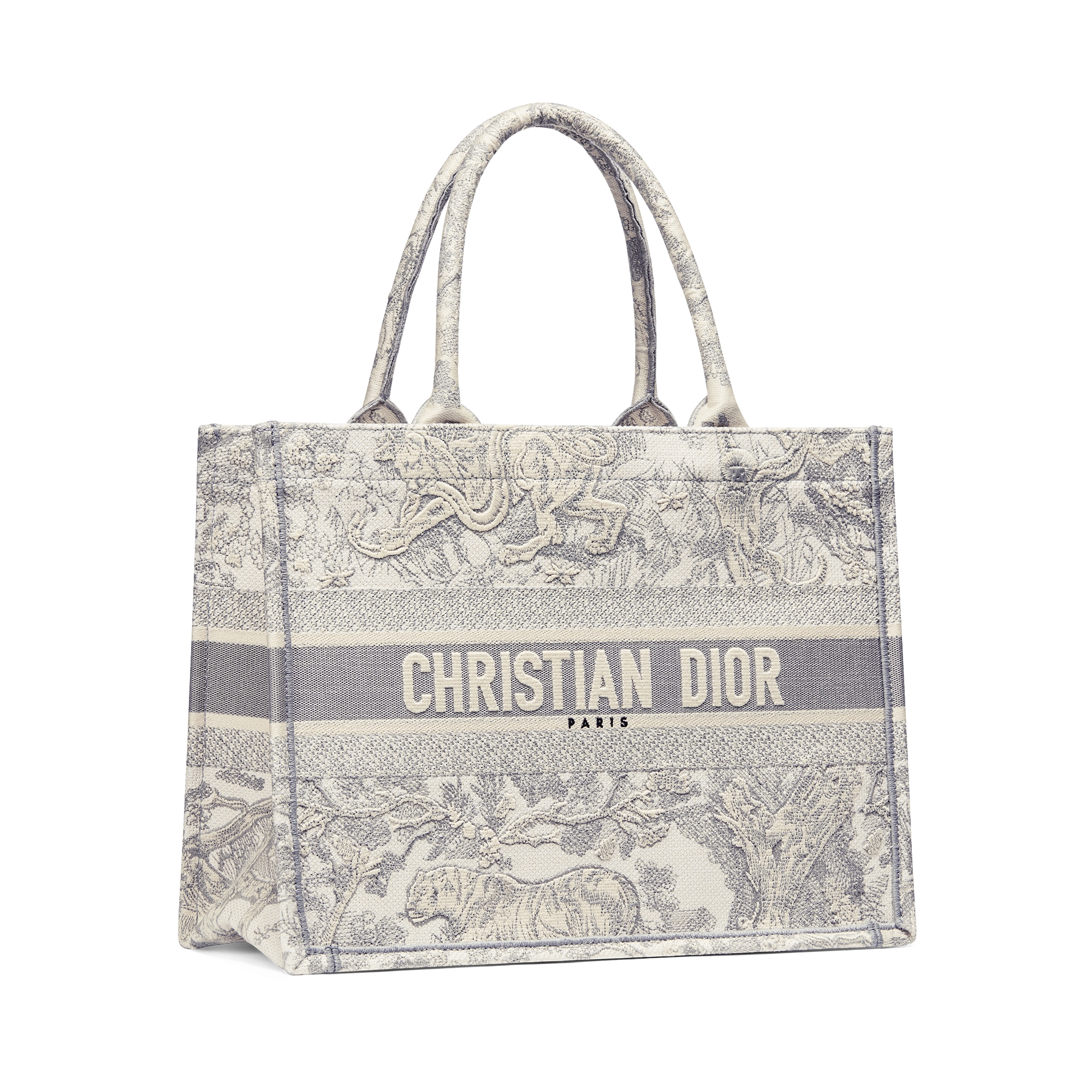 Mittelgroße Dior Book Tote Toile de Jouy Stickerei in Ecru und Grau (36 x 27,5 x 16,5 cm) E03
