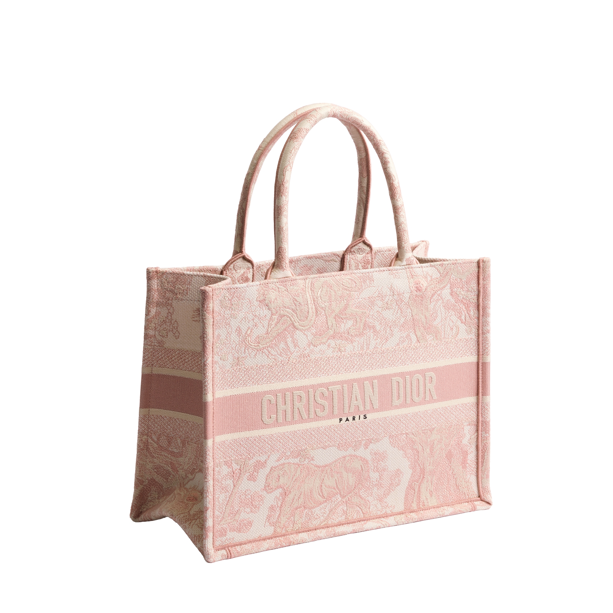 Medium Dior Book Tote Ecru and Pink Toile de Jouy Embroidery (36 x 27.5 x 16.5 cm) E03