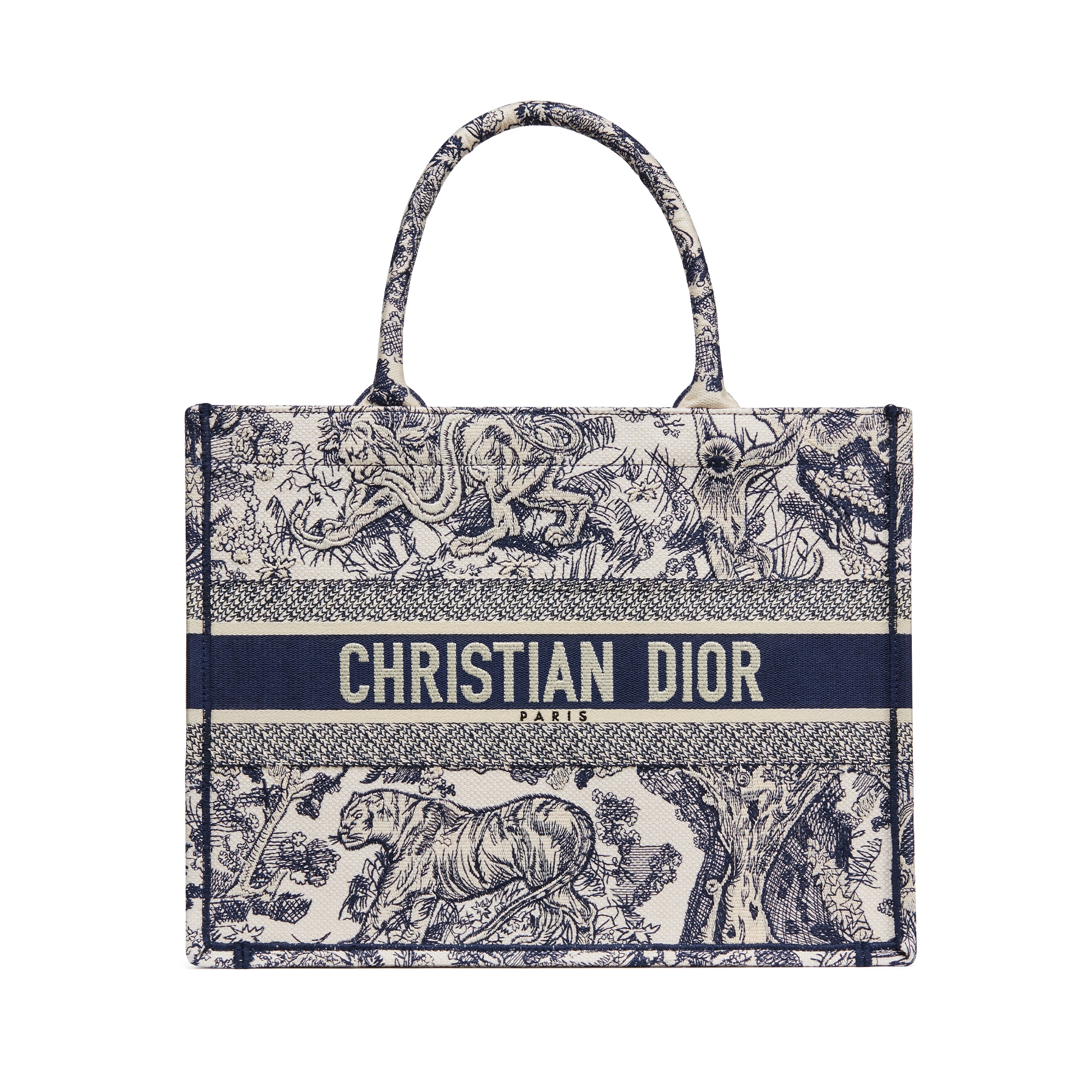Medium Dior Book Tote Ecru and Blue Toile de Jouy Embroidery (36 x 27.5 x 16.5 cm) E01