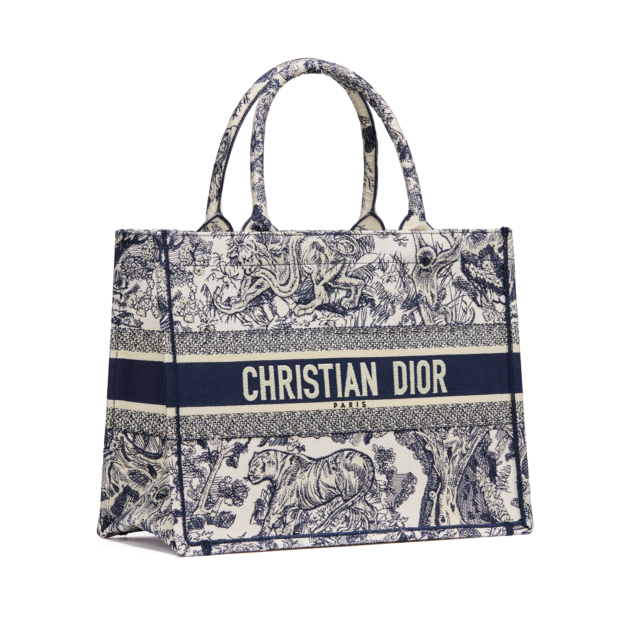 Medium Dior Book Tote Ecru and Blue Toile de Jouy Embroidery (36 x 27.5 x 16.5 cm) E03