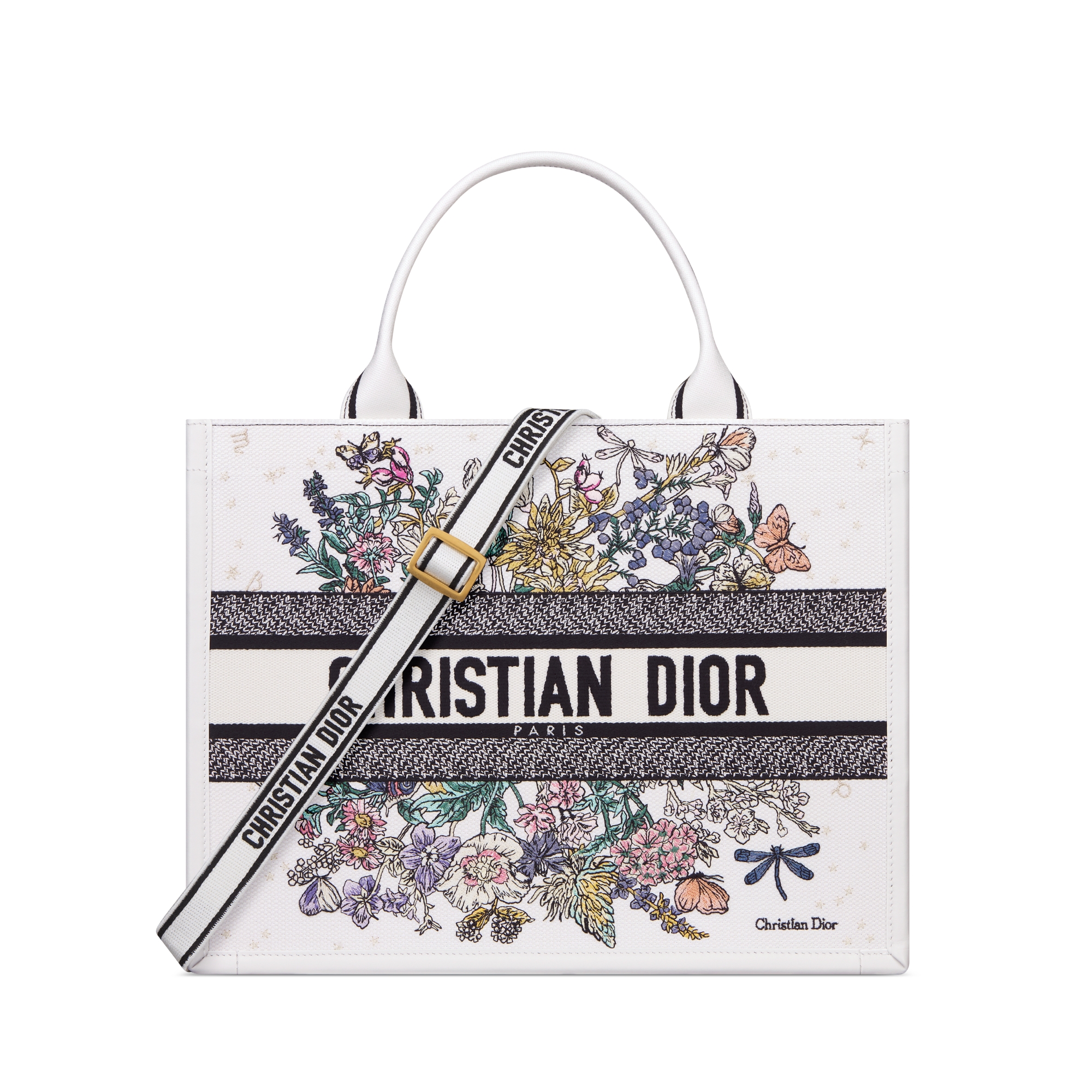 Sac Dior Book Tote Medium Dior Lucky Broderie Dior Zodiac Flowers blanc multicolore et cuir de veau blanc (36,5 x 28 x 16,5 cm) E01