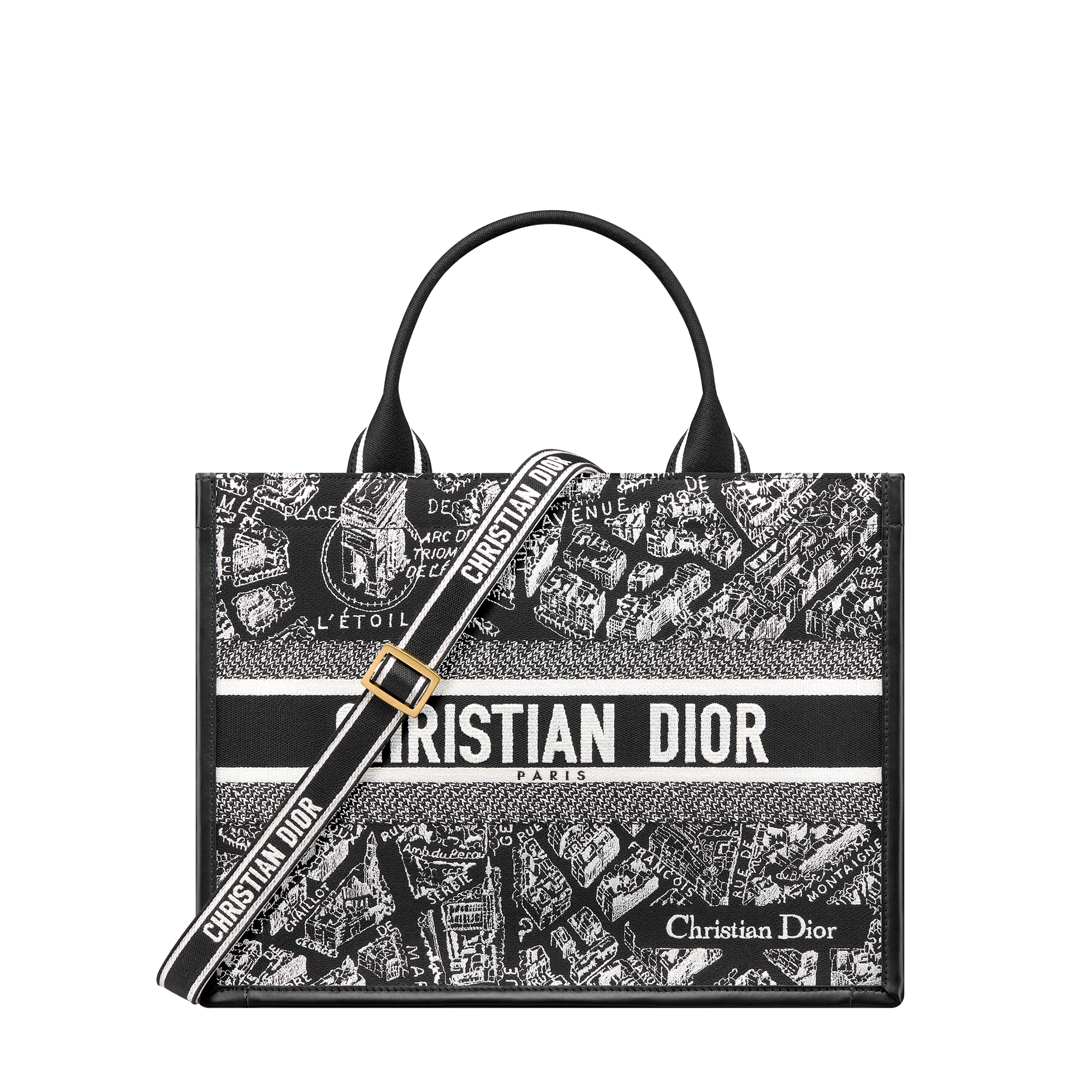 Medium Dior Book Tote Black and White Plan de Paris Embroidery with Black Calfskin (36.5 x 28 x 16.5 cm) E01