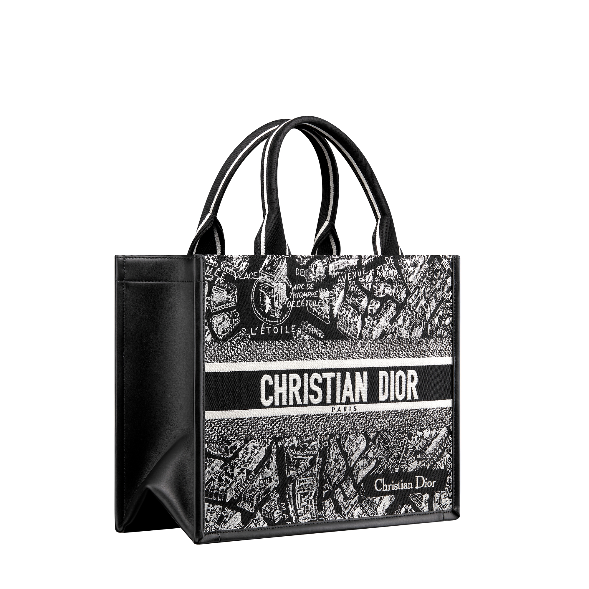 Medium Dior Book Tote Black and White Plan de Paris Embroidery with Black Calfskin (36.5 x 28 x 16.5 cm) E03